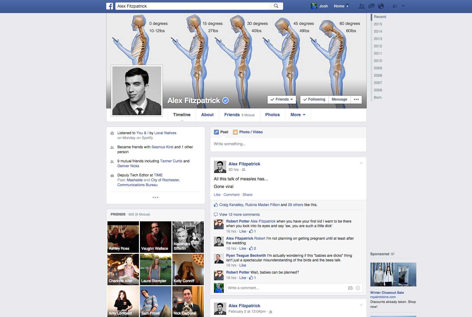 <strong> Facebook Profile Page, 2014-2015.</strong> Facebook updated both the newsfeed algorithm and the privacy settings. (Courtesy of Alex Fitzpatrick/Facebook)