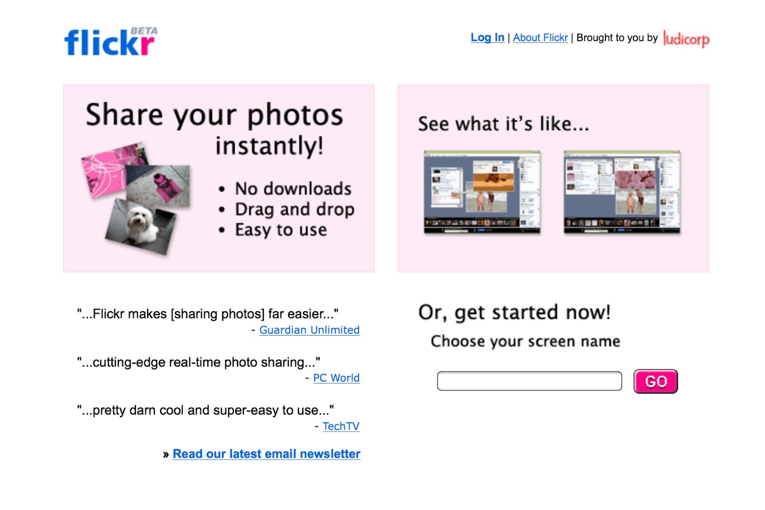 The Flickr homepage as it appeared in 2004, the year of the service's birth (Flickr)