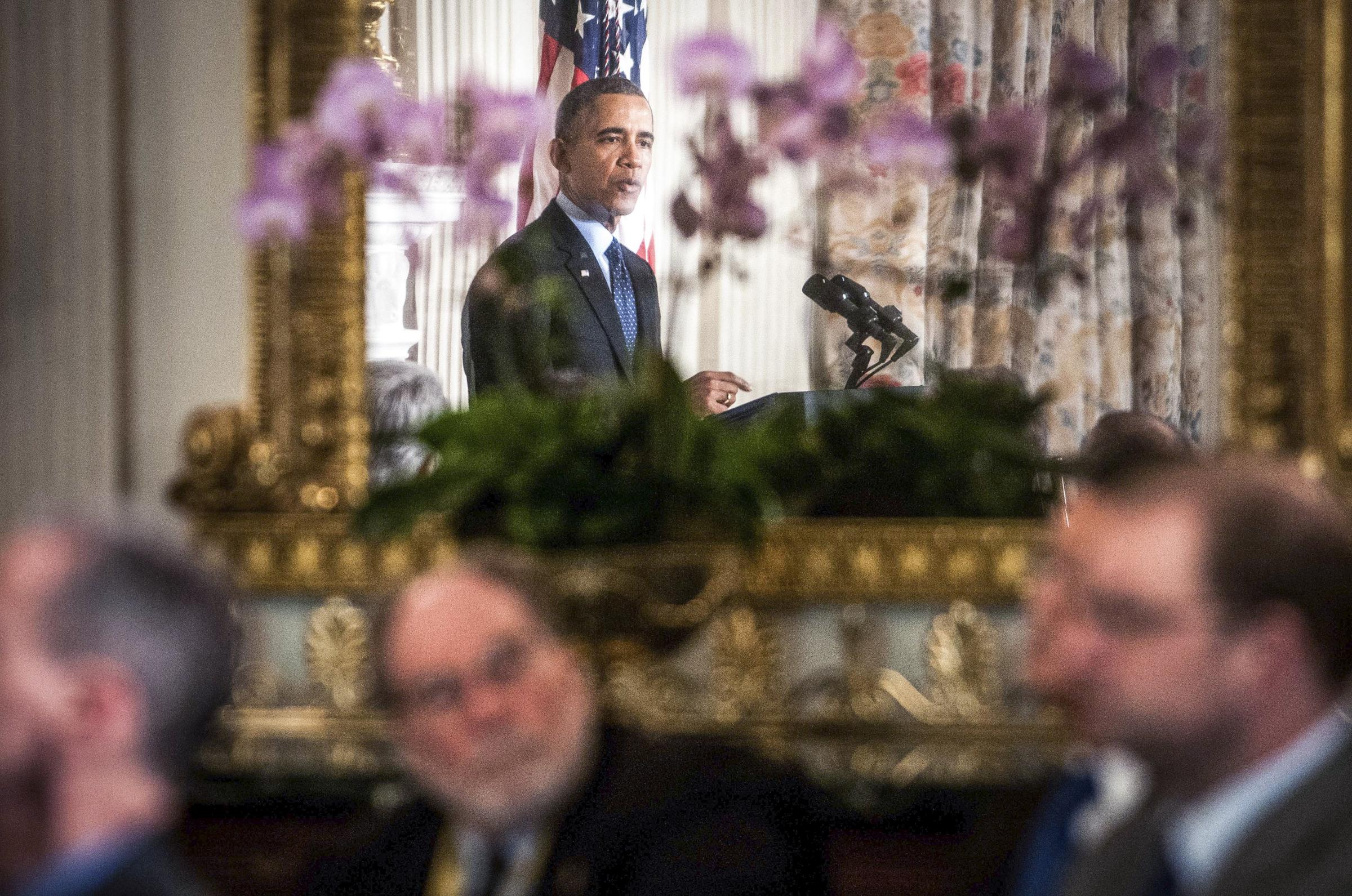 President Barack Obama addresses members of the National Governors Association at the White House in Washington.