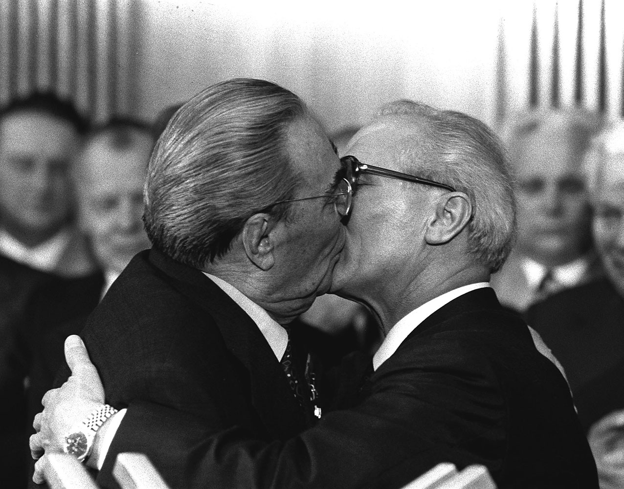 Soviet President Leonid Brezhnev and East German leader Erich Honecker