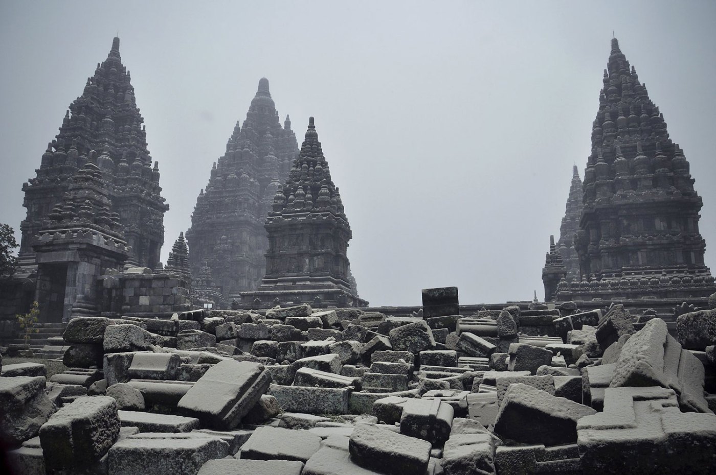 Views of Prambanan Temple covered by volcanic ash from Mount Kelud in Yogyakarta, Indonesia, Feb. 14, 2014.