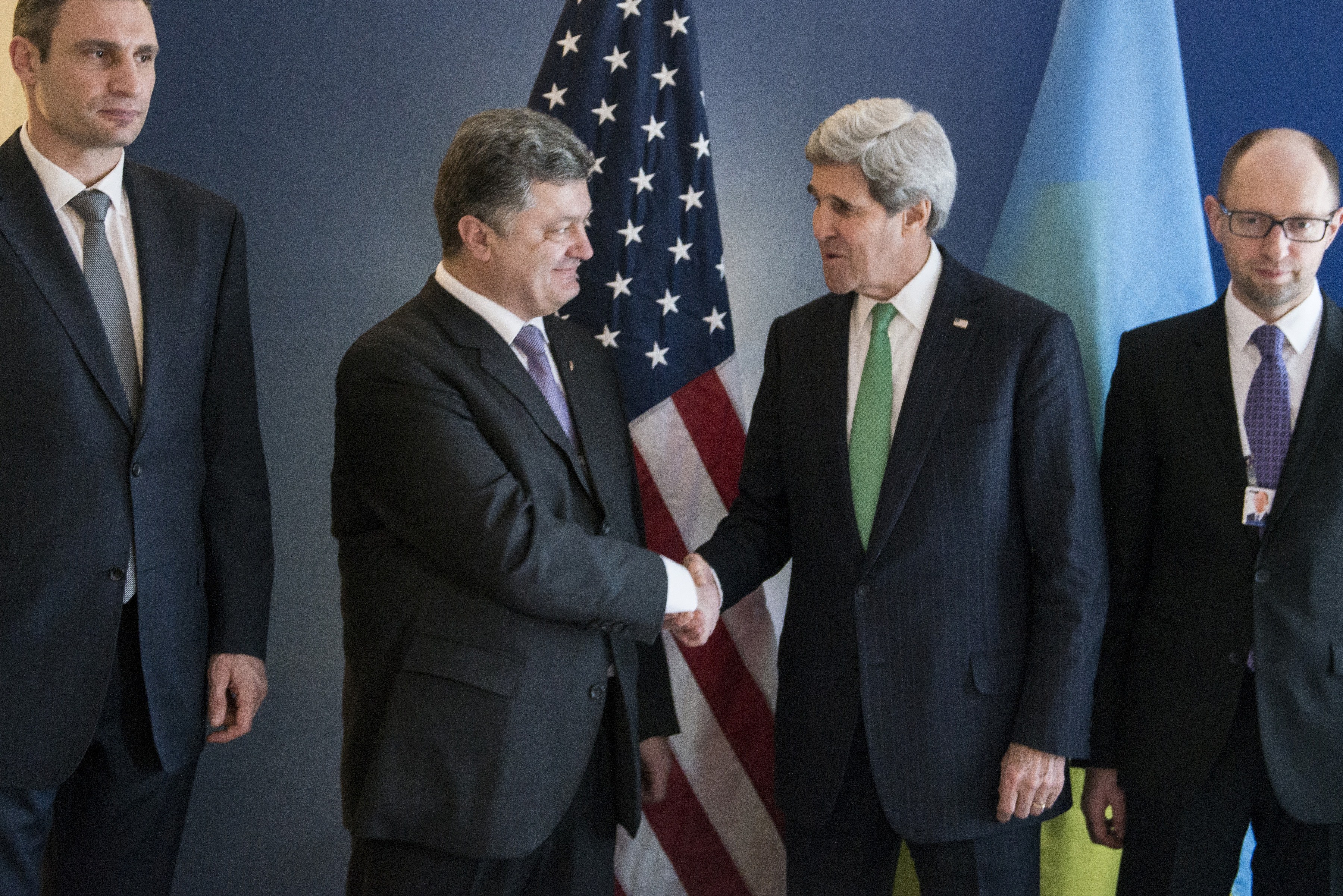 From Left: Vitali Klitschko, the head of the Ukrainian UDAR (Punch) party, Ukrainian businessman and politician Petro Poroshenko, U.S. Secretary of State John Kerry and Ukrainian opposition leader Arseniy Yatsenyuk prior to a meeting during the Munich Security Conference at the Bayerischer Hof Hotel in Munich, on Feb. 1, 2014.