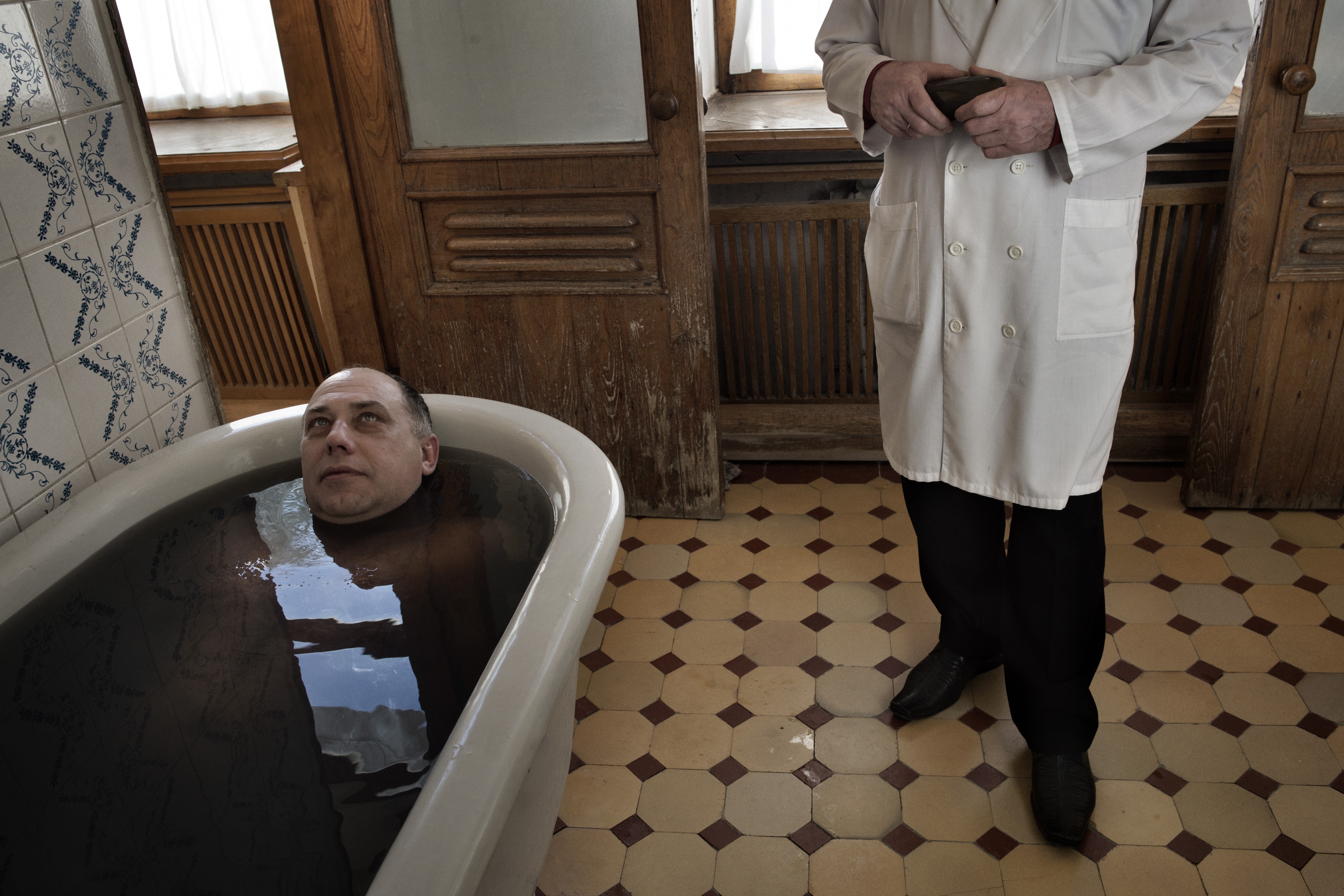 Sochi, Russia, Jan. 15,  2014: A patient takes a mineral bath at the Matsesta Sanatorium in Sochi. Starting in the late 1930s, Matsesta was at the center of Josef Stalin's drive to turn Sochi into the premier resort city of the Soviet Union.