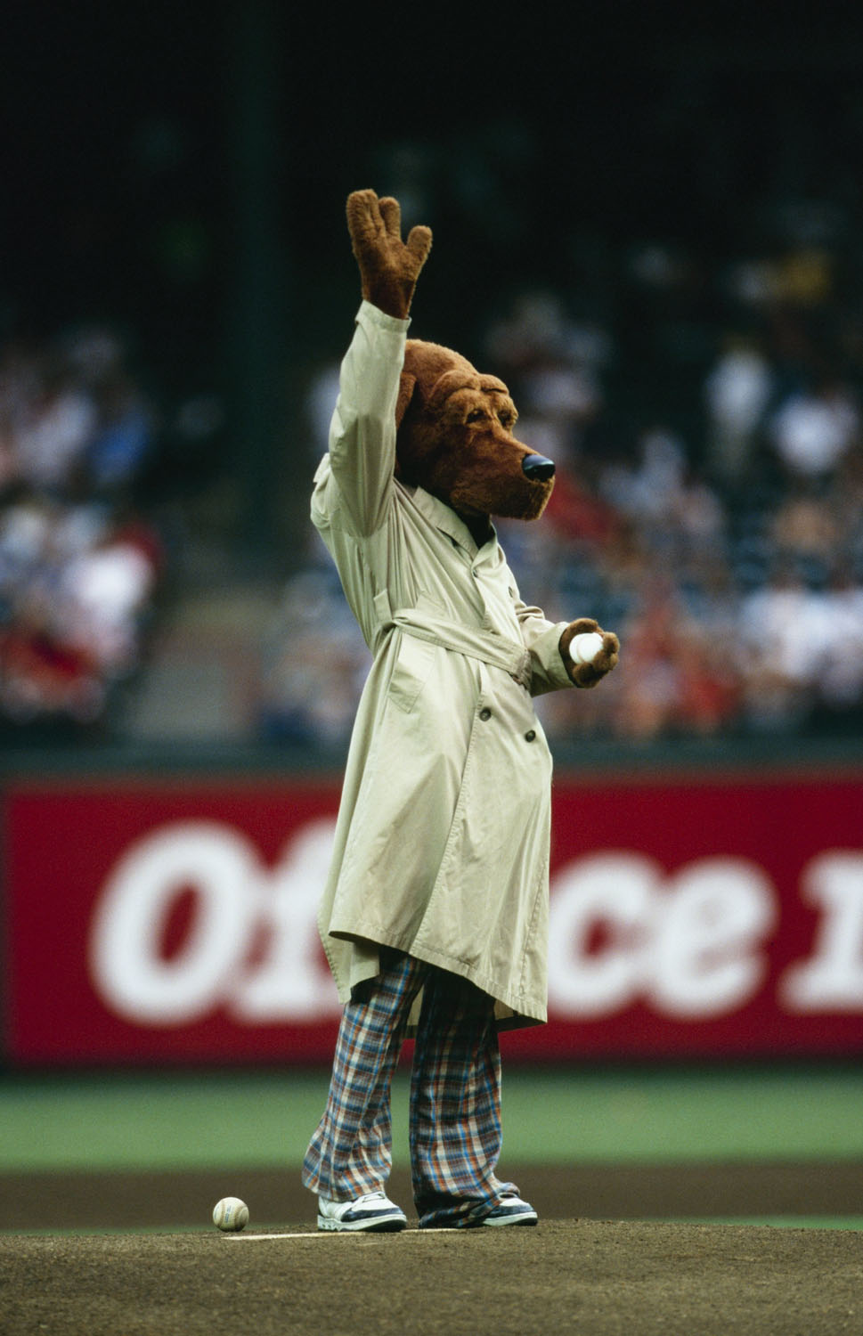 McGruff the Crime Dog throws out the first pitch before the Toronto Blue Jays game against the Texas Rangers at The Ballpark in Arlington on August 4, 1998 in Arlington, Texas.
