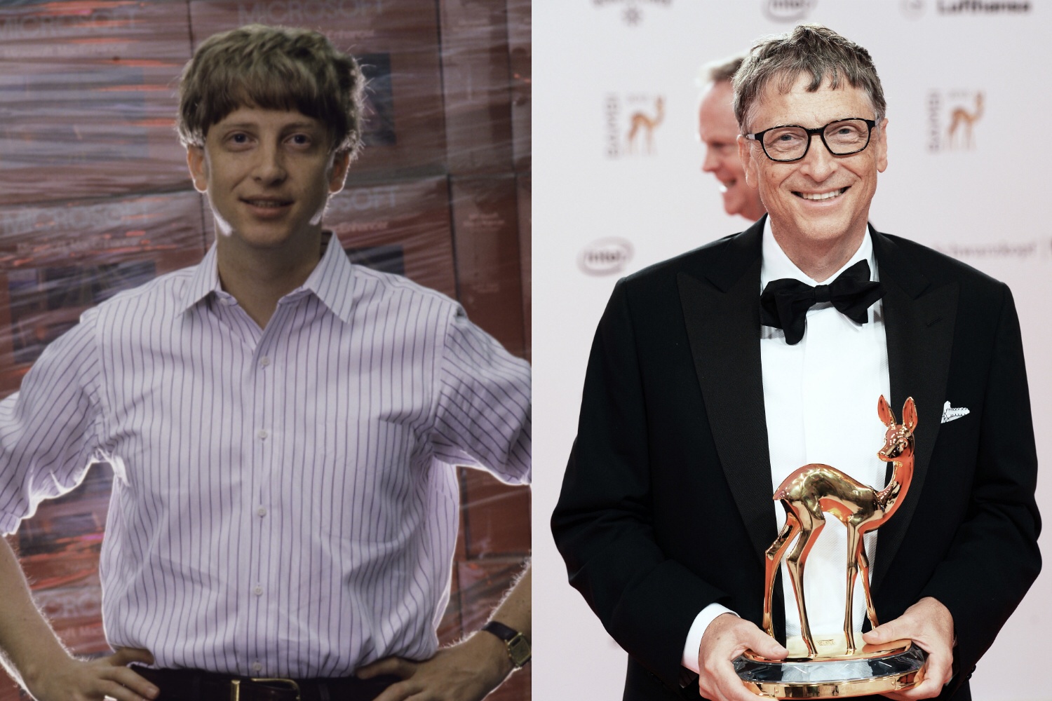 Bill Gates surrounded by copies of Windows in 1986 and in November, accepting the Bambi Award in Berlin. (Joe McNally—Hulton Archive/Getty Images, Franziska Krug—German Select/Getty Images)