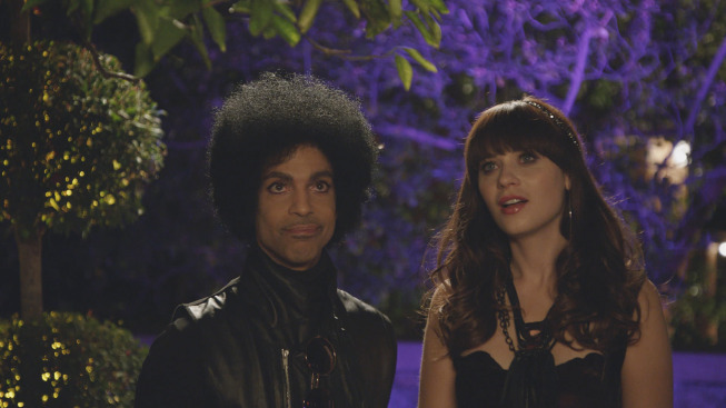NEW GIRL:  Music royalty Prince (L) makes a special guest appearance in the &quot;Prince&quot; episode of NEW GIRL airing Sunday, Feb. 2 (approx. 10:30-11:00 PM ET/7:30-8:00 PM PT), immediately after FOX Sports' coverage of SUPER BOWL XLVIII on FOX.  Also pictured:  Zooey Deschanel (L).  &#xa9;2014 Fox Broadcasting Co.  Cr:  FOX