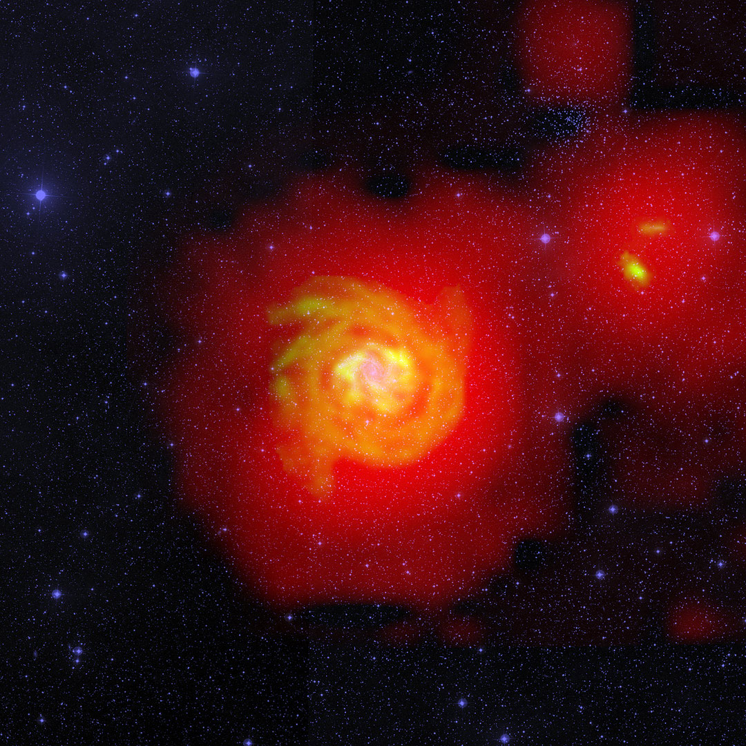 This composite image taken by the ground-based telescope at the Palomar Observatory and released on Jan. 27, 2014 contains three distinct features: the bright star-filled central region of galaxy NGC 6946 in optical light (blue), the dense hydrogen tracing out the galaxy’s sweeping spiral arms and galactic halo (orange), and the extremely diffuse and extended field of hydrogen engulfing NGC 6946 and its companions (red).