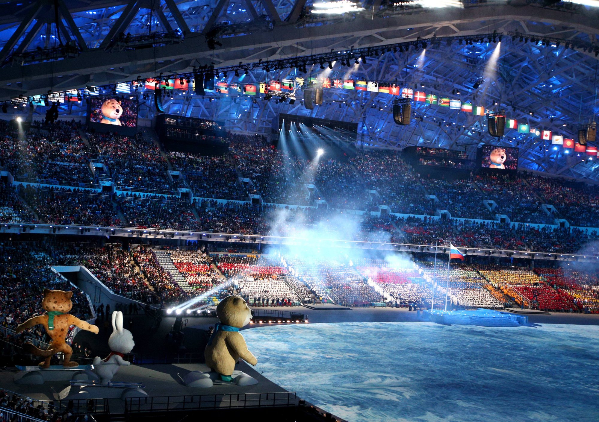 Sochi 2014 mascots prepare to come on stage during the opening ceremony.