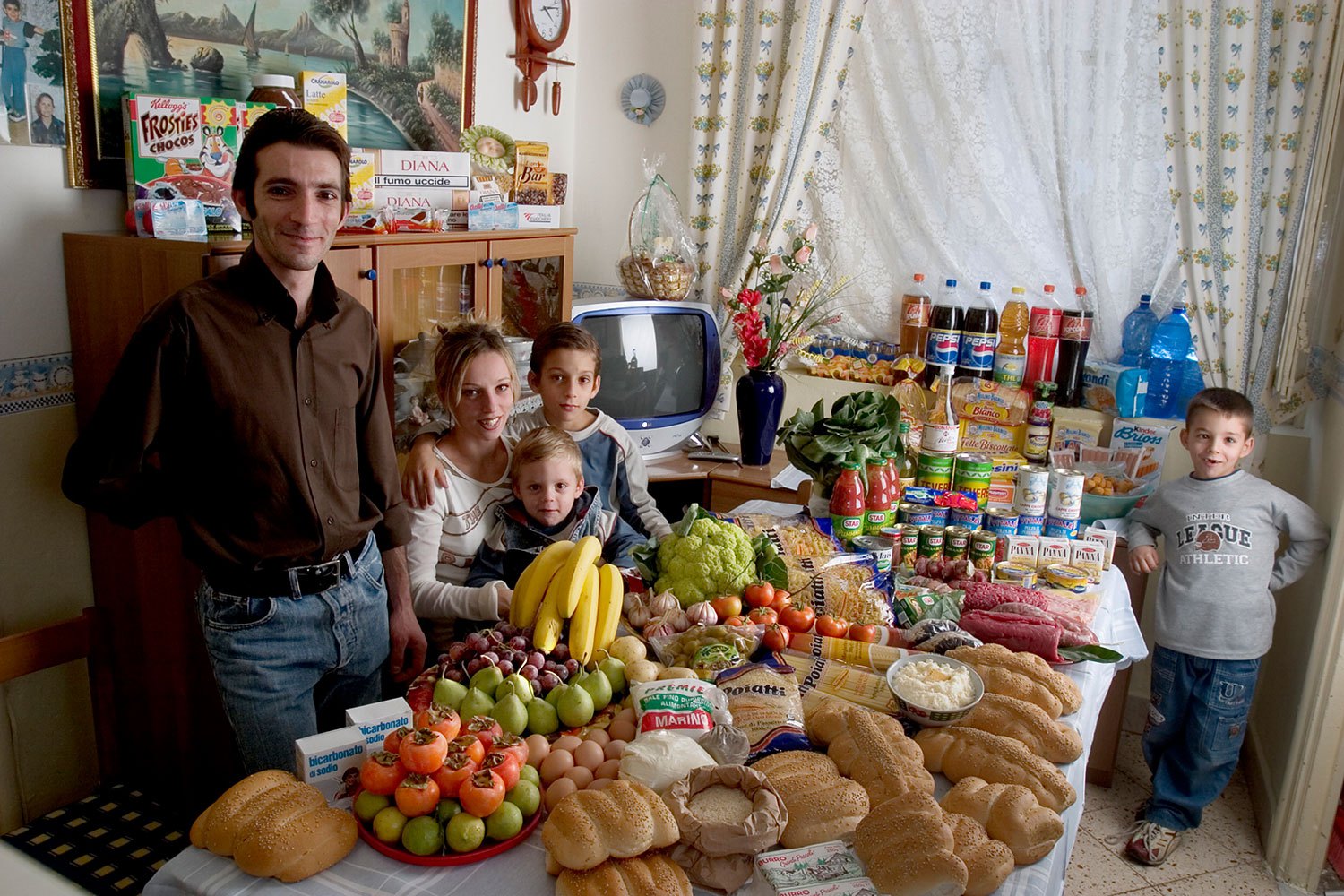 Italy: The Manzo family of Sicily. Food expenditure for one week: 214.36 Euros or $260.11. Favorite foods: fish, pasta with ragu, hot dogs, frozen fish sticks.