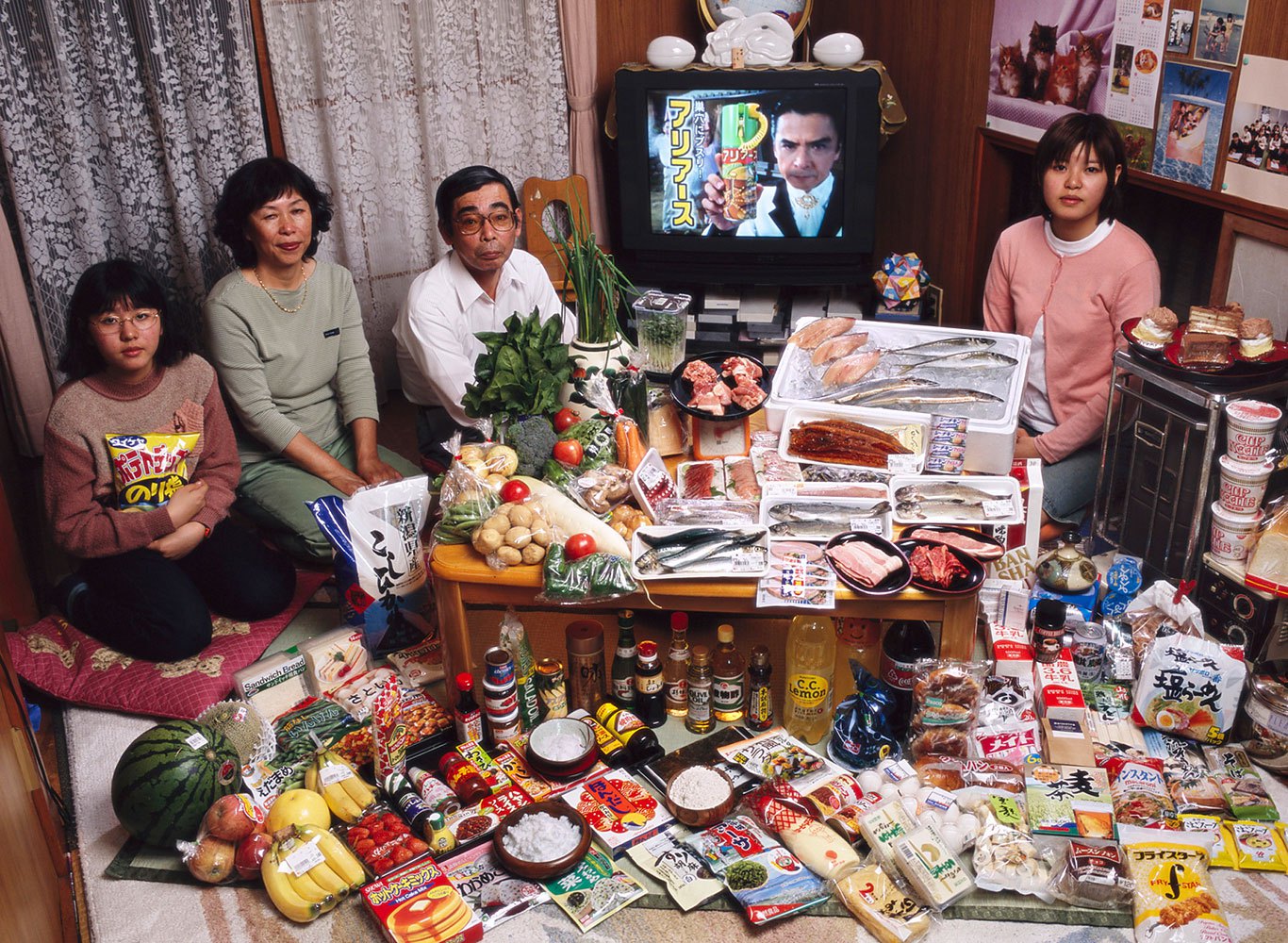 Japan: The Ukita family of Kodaira City. Food expenditure for one week: 37,699 Yen or $317.25. Favorite foods: sashimi, fruit, cake, potato chips.