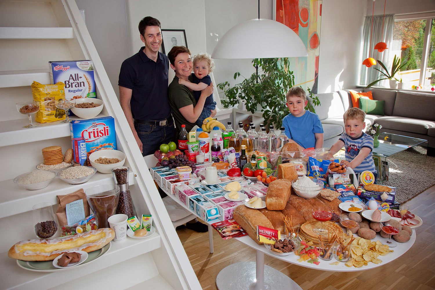 Norway: The Ottersland Dahl Family of Gjettum. 
                              
                              Food expenditure for one week: 2211.97 Norwegian Kroner; $379.41 USD. Favorite foods: fresh baked bread with butter and sugar, pancakes, tomato soup with macaroni and cold milk, yoghurt