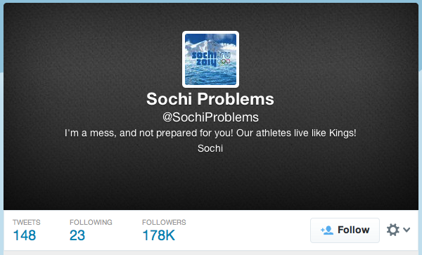 A Twitter account joking about the problems in Sochi is gaining sudden popularity (Twitter)