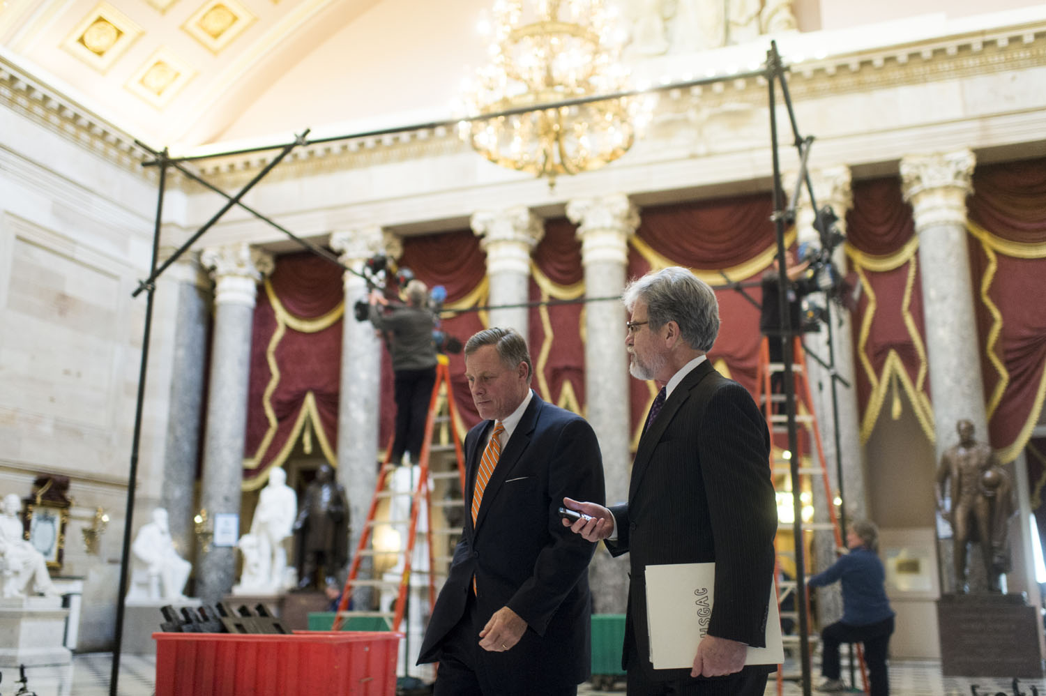 From left: Senator Richard Burr and Senator Tom Coburn walk through Statuary Hall in the Capitol ahead of the State of the Union on Jan. 28, 2014 in Washington, D.C. (Bill Clark&mdash;CQ-Roll Call/Getty Images)