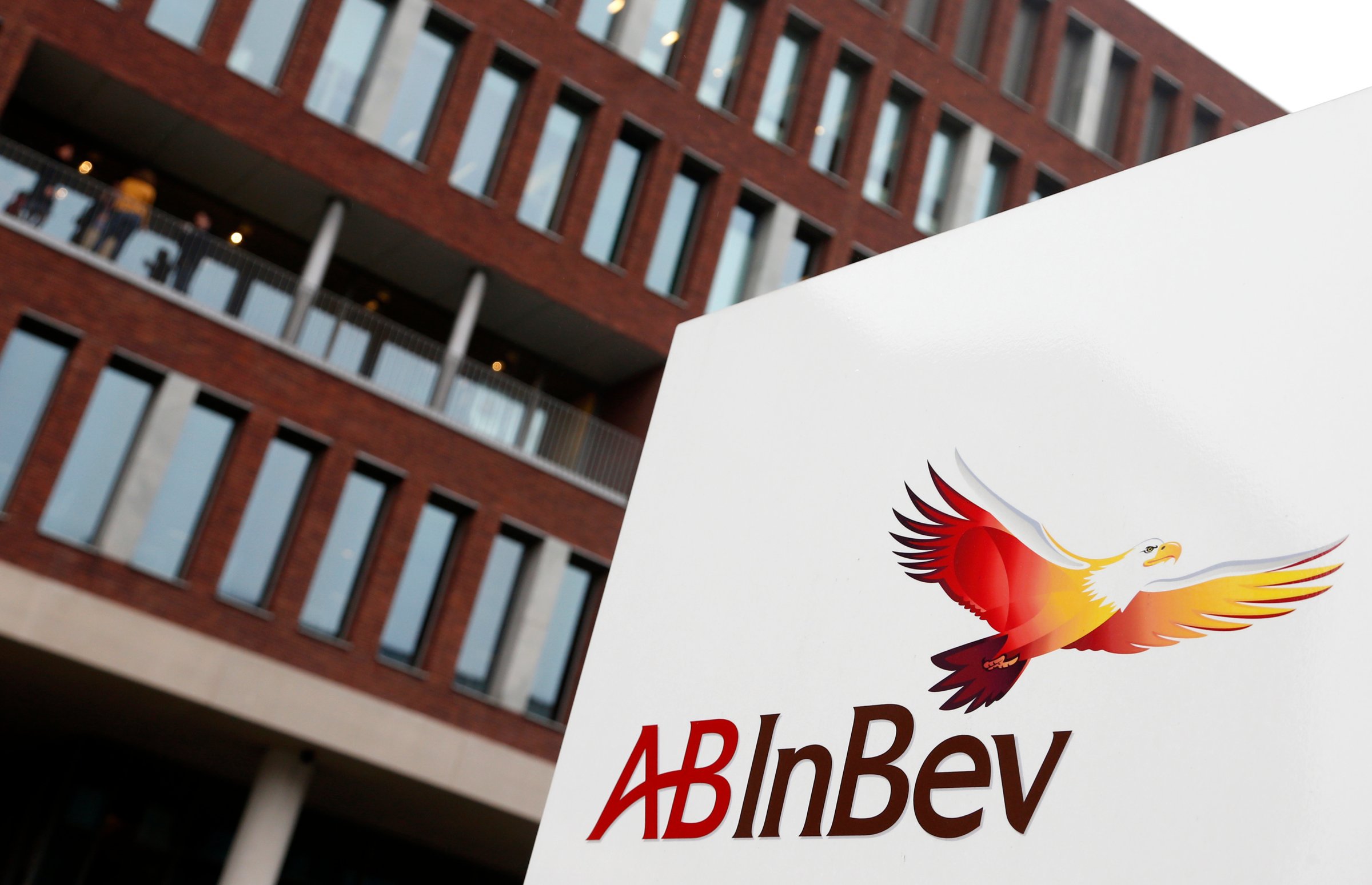 Anheuser-Busch InBev logo outside the brewery headquarters in Leuven
