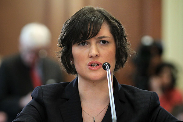 Sandra Fluke, a third-year law student at Georgetown University and former president of the Students for Reproductive Justice group there, testifies before the House Democratic Steering and Policy Committee Feb. 23, 2012 in Washington. 
