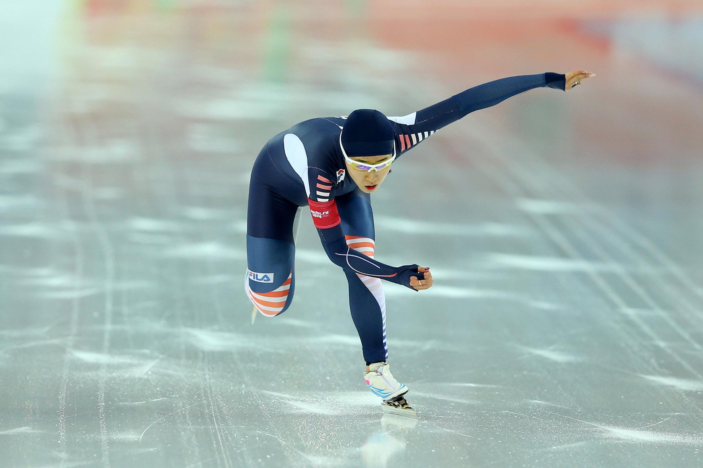 Sang Hwa Lee of South Korea competes during the Women's 500m Race 1 of 2 Speed Skating event during.