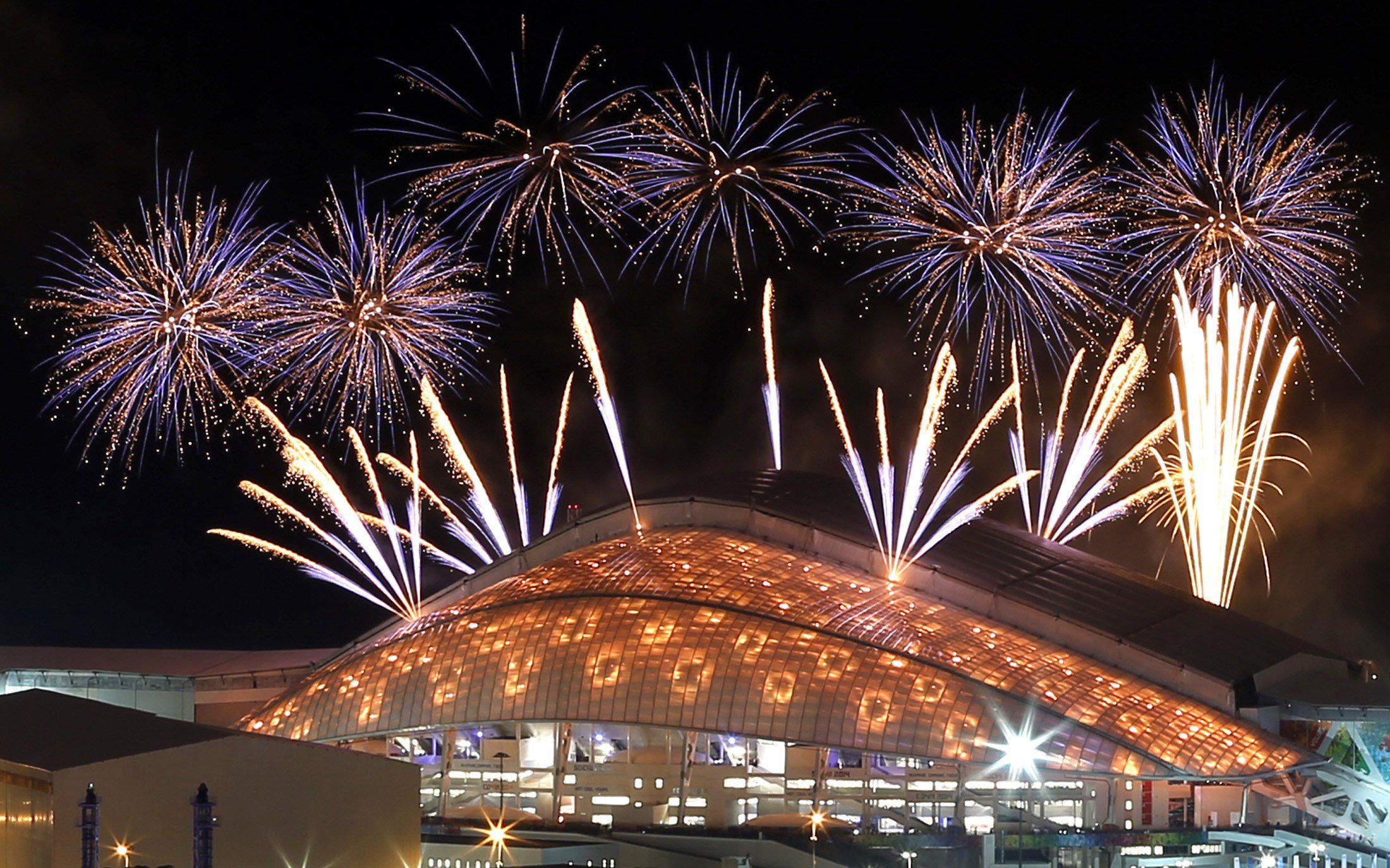 Fireworks are seen over the Fisht Olympic Stadium at the Olympic Park during the rehearsal of the opening ceremony in Sochi