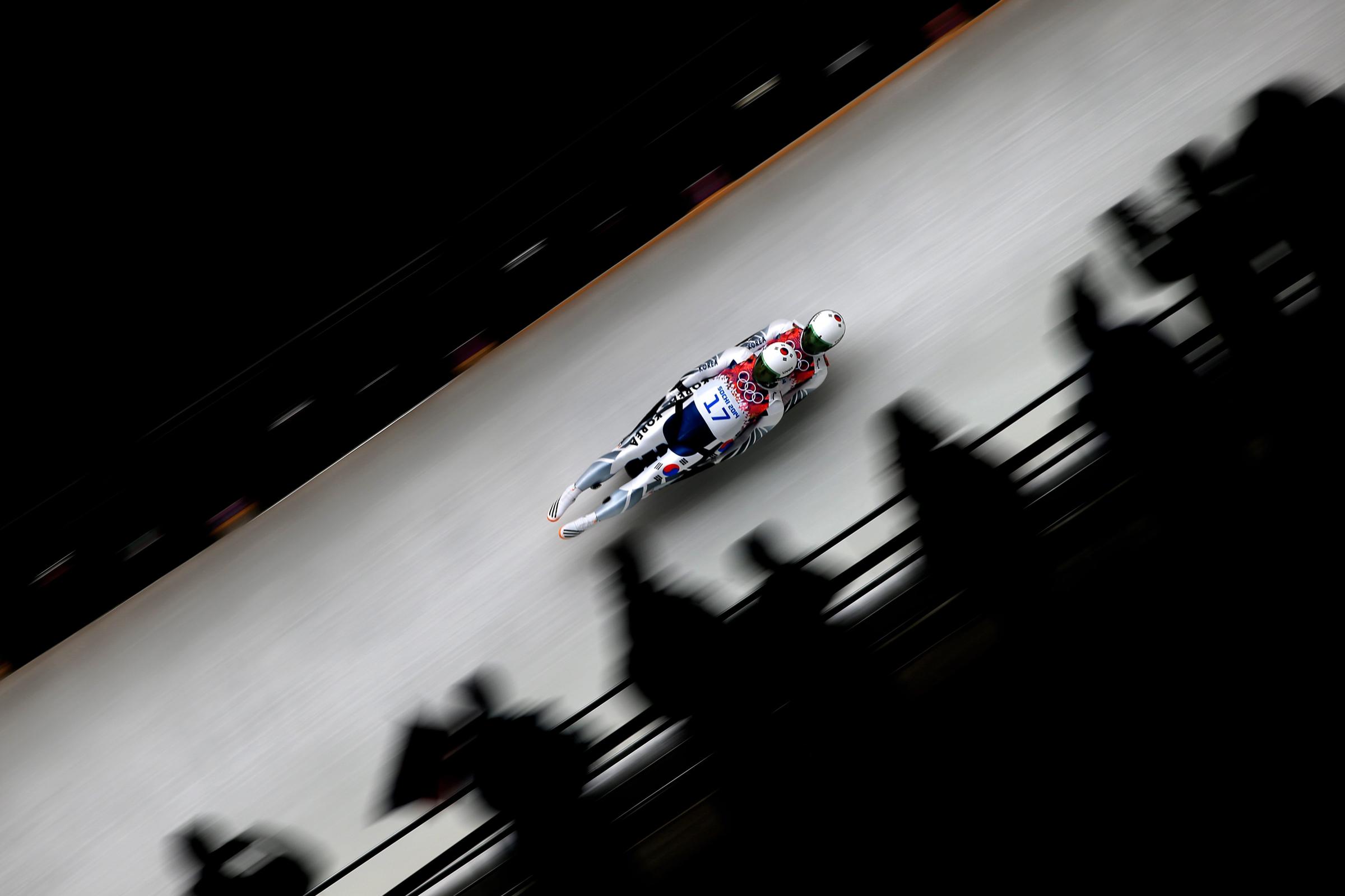Jinyong Park and Jung Myung Cho of Korea compete in the Men's Luge Doubles at Sliding Center Sanki on Feb. 12, 2014 in Sochi, Russia.