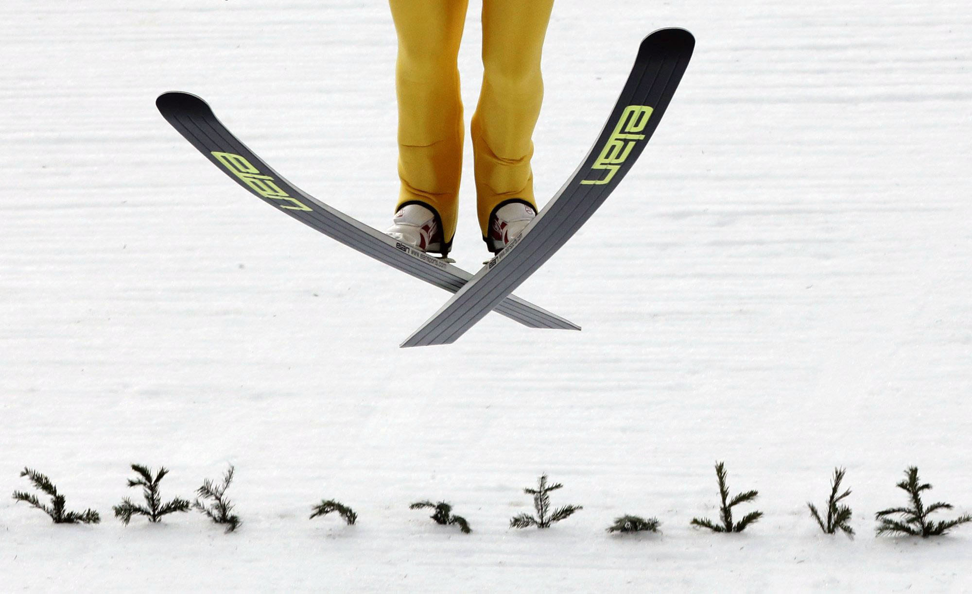 Finland's Mikke Leinonen lands during a men's nordic combined training session.