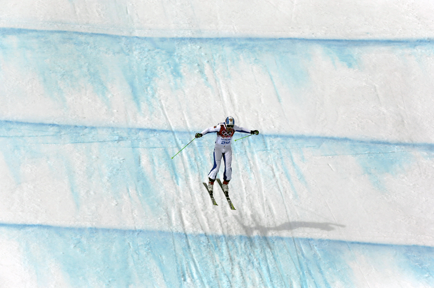 Russia's Igor Korotkov lands from a jump during men's ski cross seeding runs at the Rosa Khutor Extreme Park.