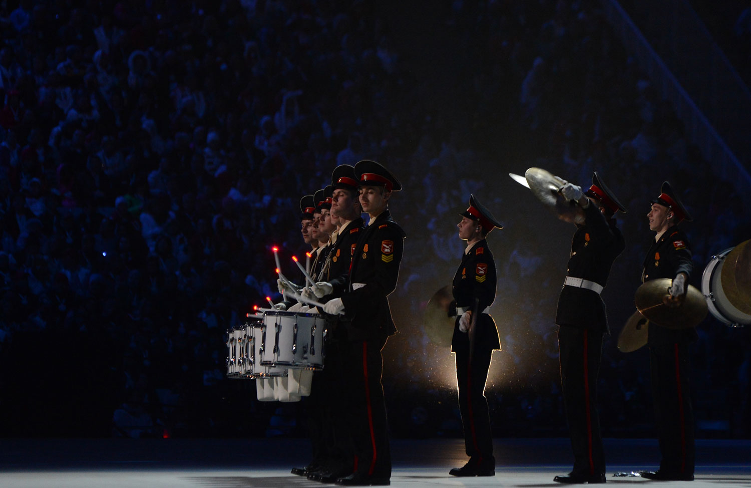 A Russian military drum band performs.
