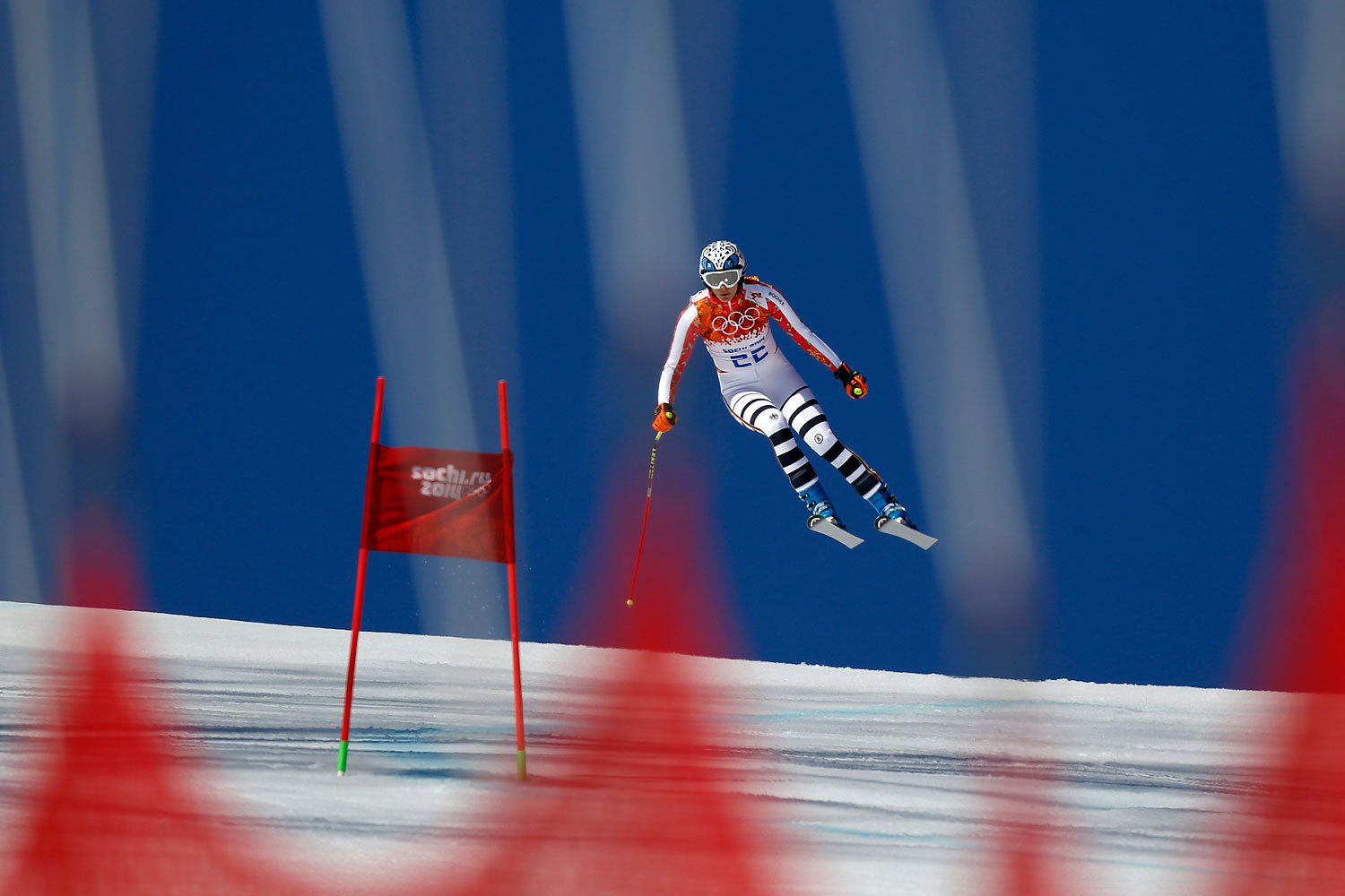 Maria Hoefl-Riesch of Germany competing in the Alpine Skiing Women's Super-G.