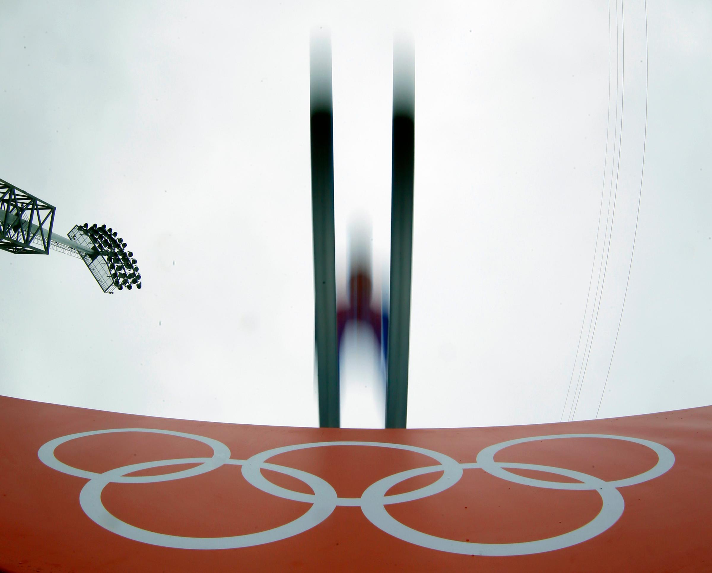 Austria's Wilhelm Denifl makes his jump during a Nordic combined, large hill, training session.
