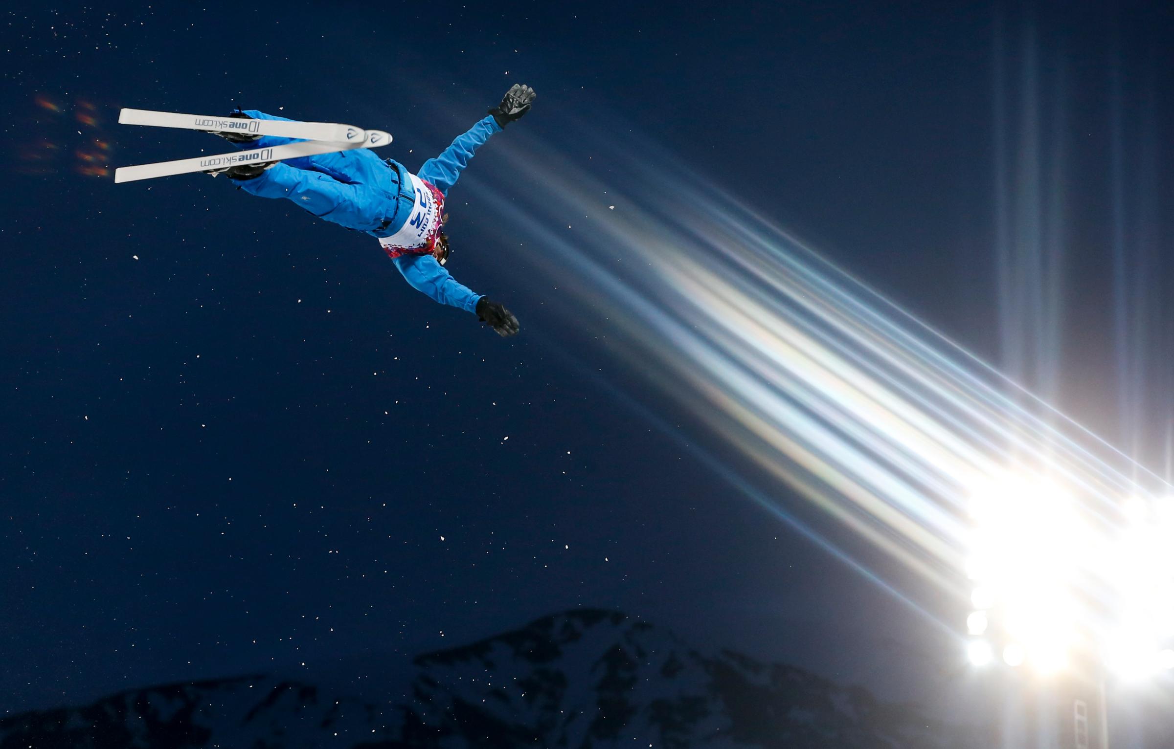 Belarus' Denis Osipau performs a jump during the men's freestyle skiing aerials qualification round.