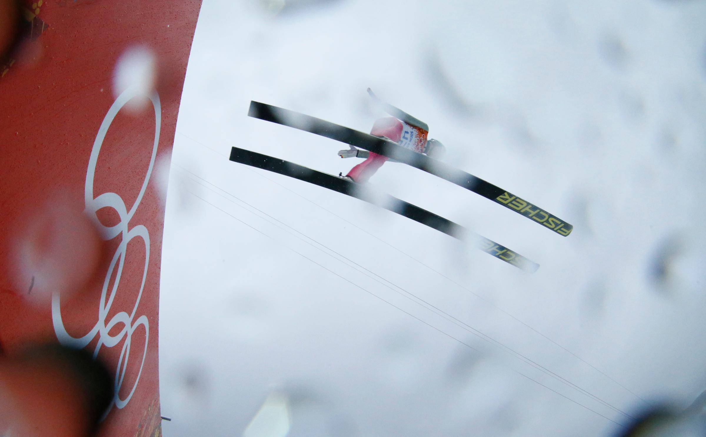 Germany's Johannes Rydzek makes his trial jump during the Nordic combined individual Gundersen large hill competition.