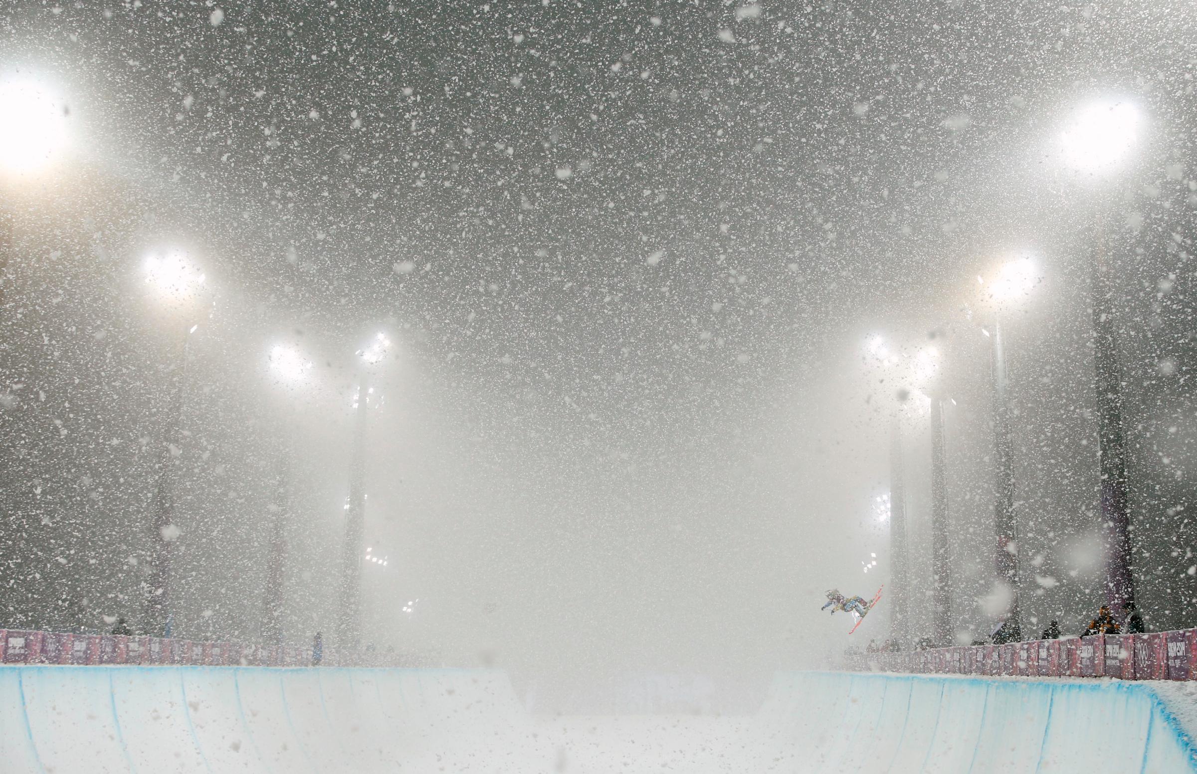 A skier competes during the men's freestyle skiing halfpipe finals.
