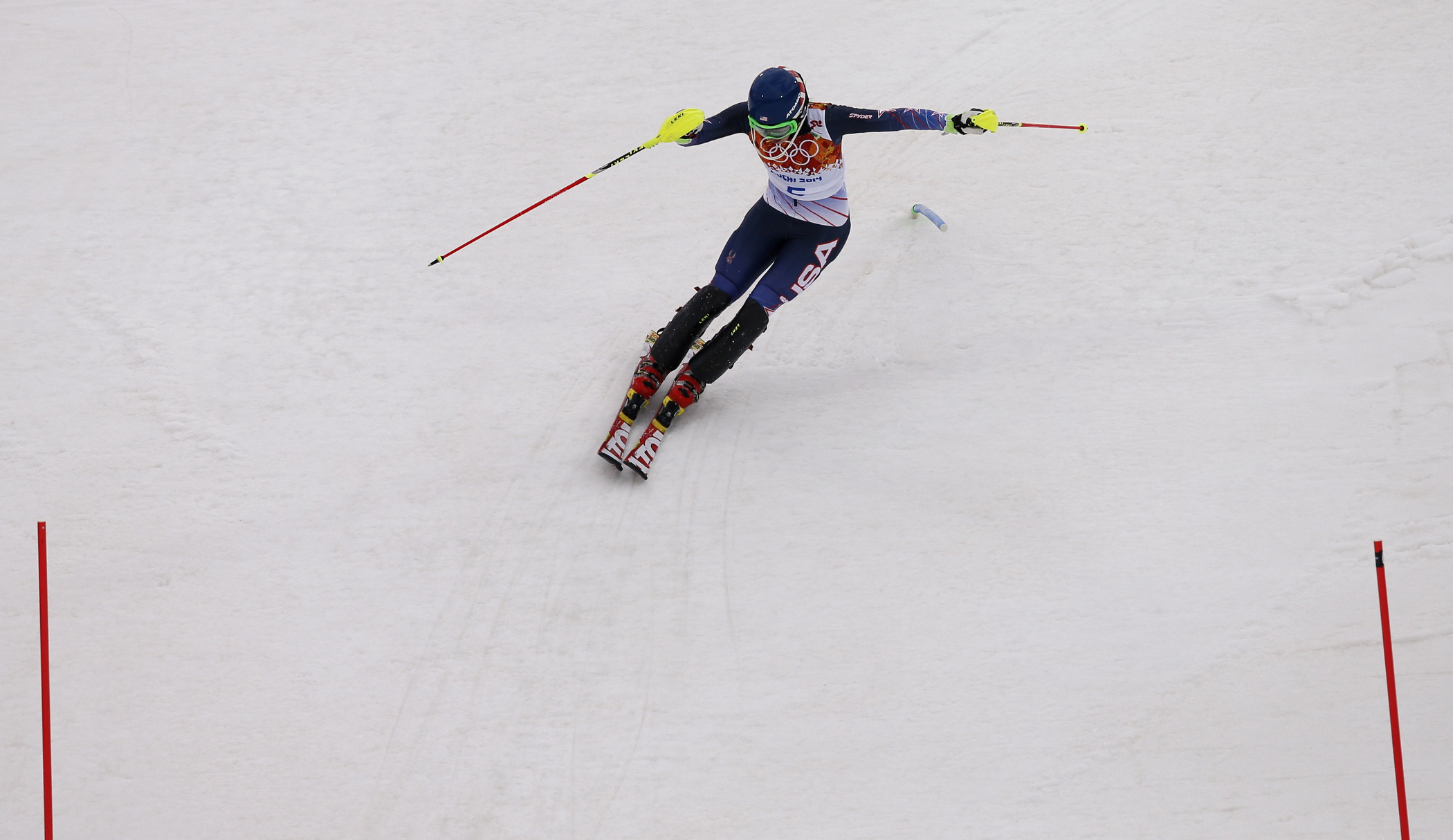 United States' Mikaela Shiffrin nears the finish in the first run of the women's slalom.