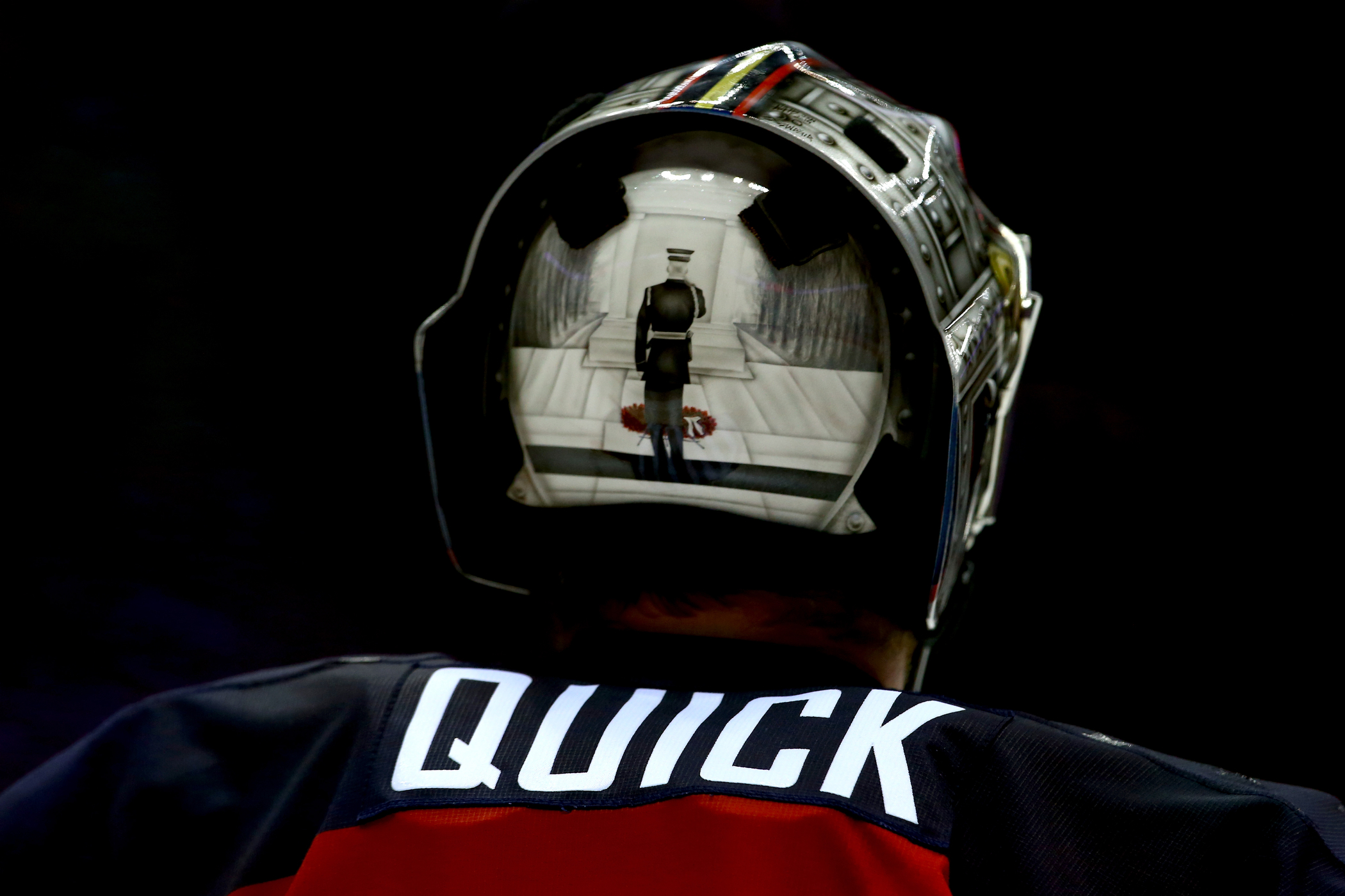 Jonathan Quick #32 of the United States looks on during the Men's Ice Hockey Semifinal Playoff against Canada.