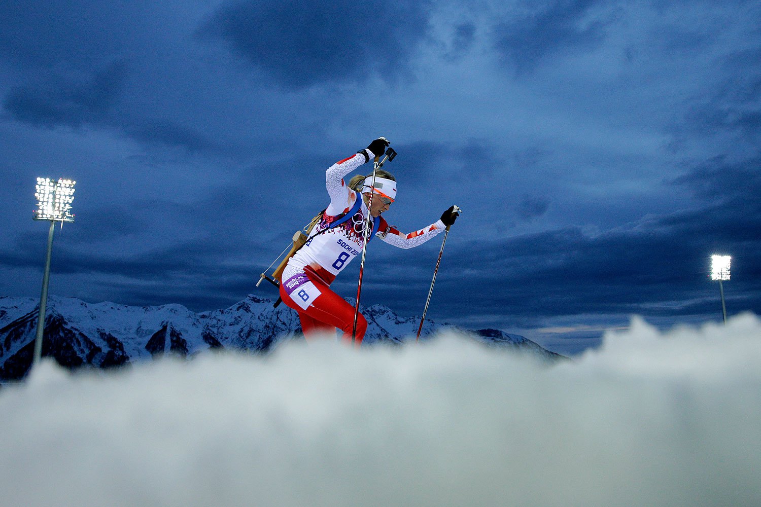 Skiers compete in the Men's Skiathlon 15 km Classic + 15 km Free during day two of the Sochi 2014 Winter Olympics at Laura Cross-country Ski &amp; Biathlon Center on Feb. 9 2014.