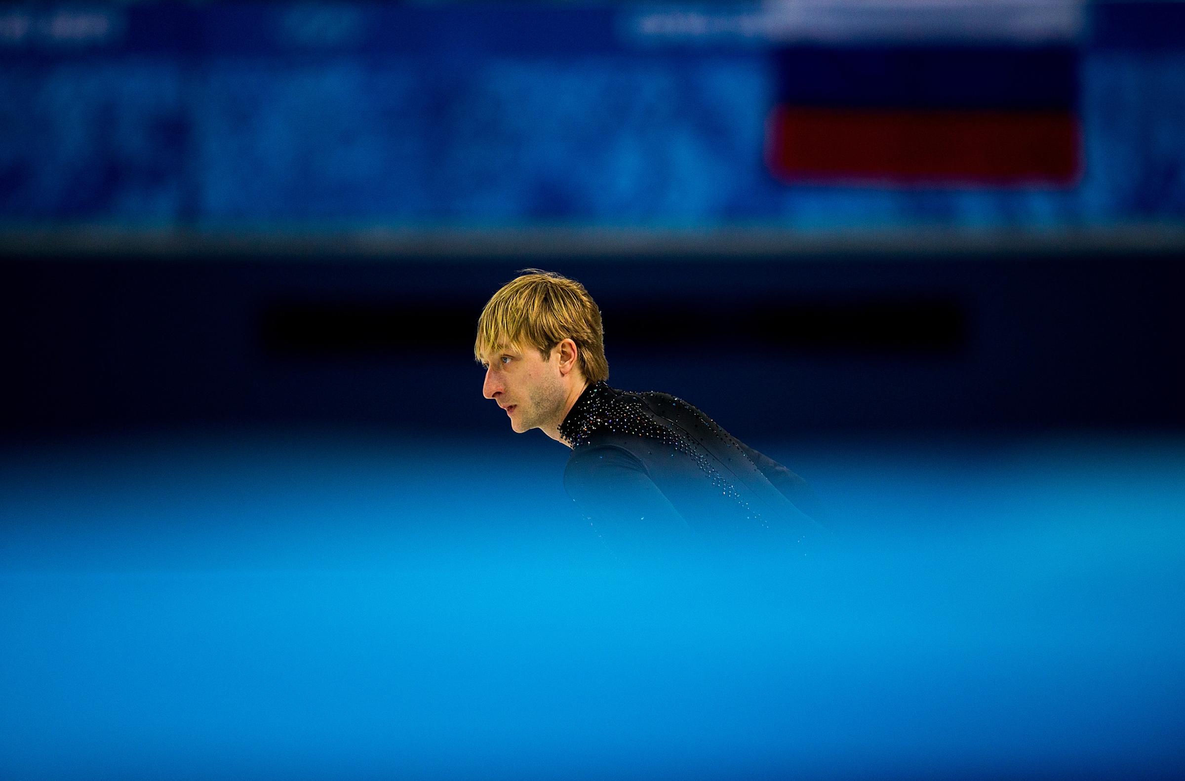 Evgeny Plyushchenko of Russia is seen at at a warm up during the Men's Figure Skating Short Program.