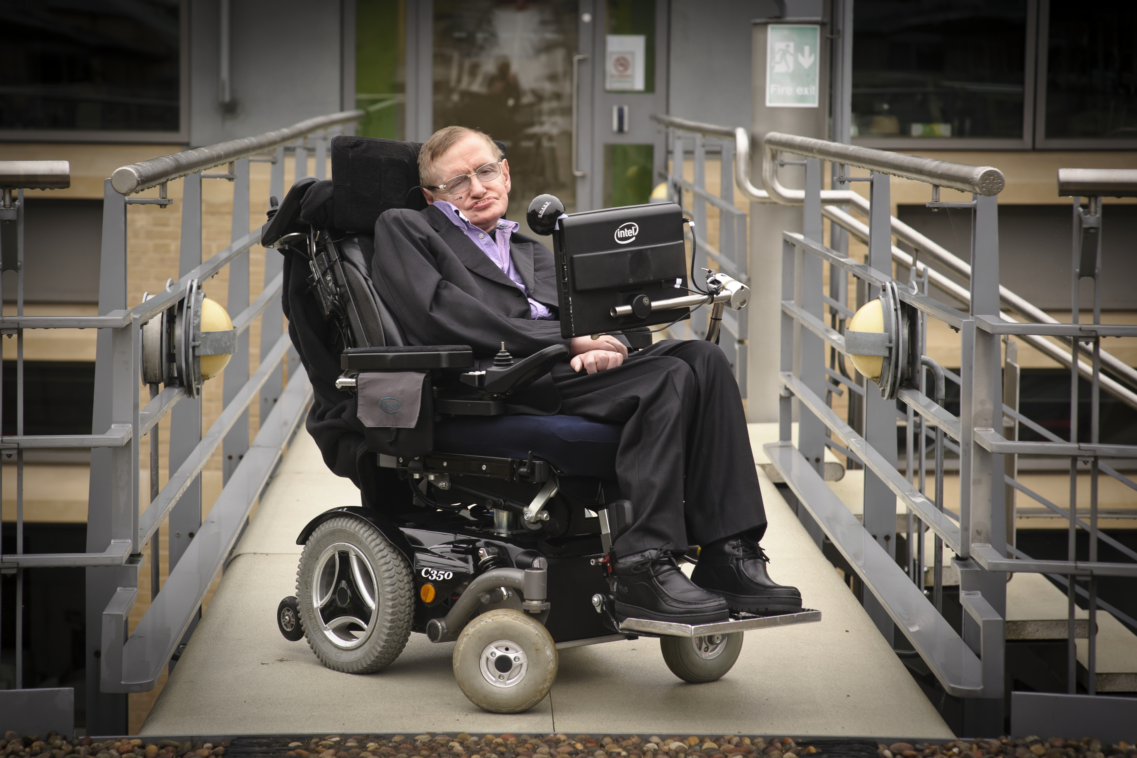 Stephen Hawking outside DAMTP, Department of Applied Mathematics and Theoretical Physics, Cambridge. (Jason Bye / PBS)