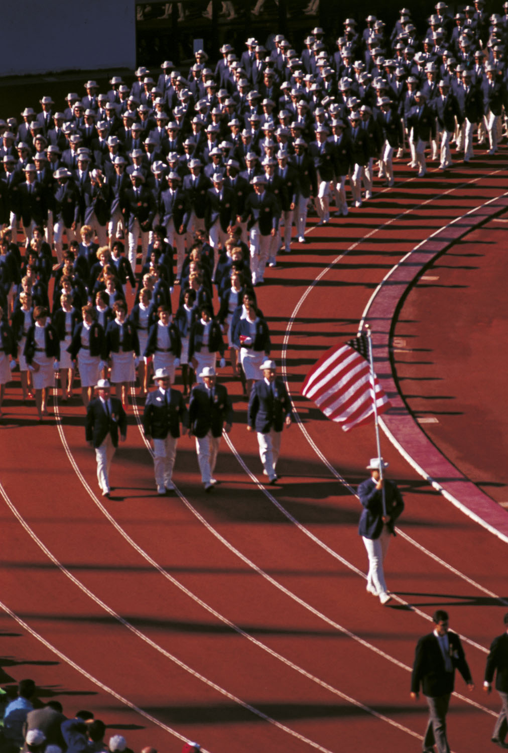 Track and Field athlete William Parry O'Brien, leads the U.S. athletes during the opening ceremony of the Summer Olympics in Tokyo on Oct. 10, 1964.