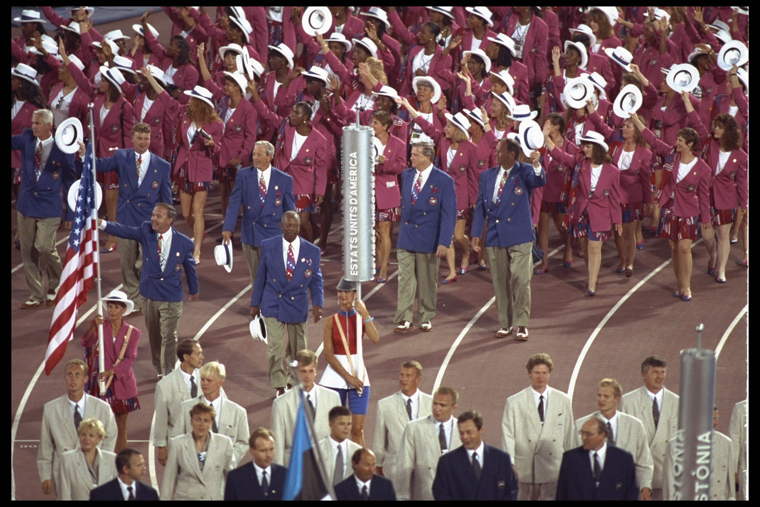 Track and Field athlete Francie Larrieu-Smith leads the USA Olympic Team at the start of the 1992 summer games in Barcelona.