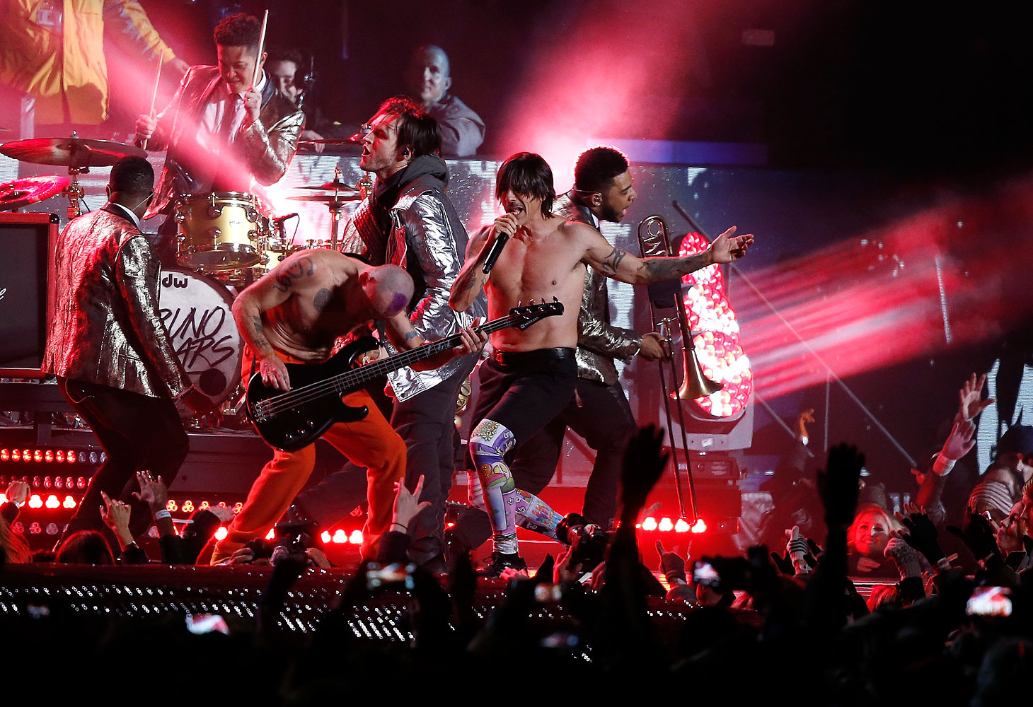 The Red Hot Chili Peppers perform during the halftime show of the NFL Super Bowl XLVIII football game between the Seattle Seahawks and the Denver Broncos Sunday, Feb. 2, 2014, in East Rutherford, N.J.