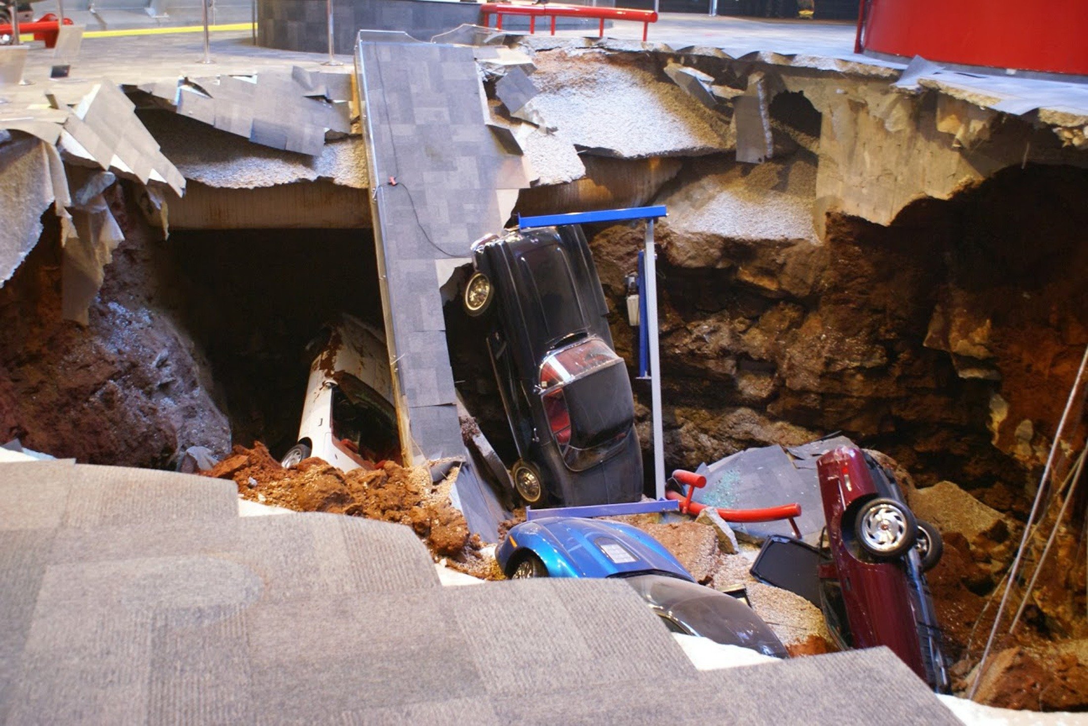 A 40-foot sinkhole opened up under the National Corvette Museum Feb. 12, 2014 and swallowed eight Corvettes, including the historic 1992 White 1 Millionth Corvette, in Bowling Green, Kentucky.