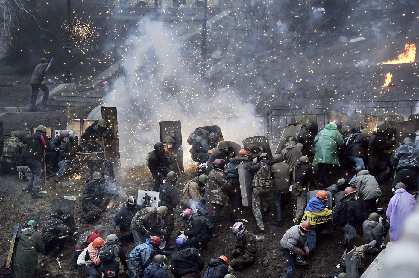 Protesters clash with police after gaining new positions near the Independence square in Kiev, Ukraine on February 20, 2014. (Louisa Gouliamaki—AFP/Getty Images)