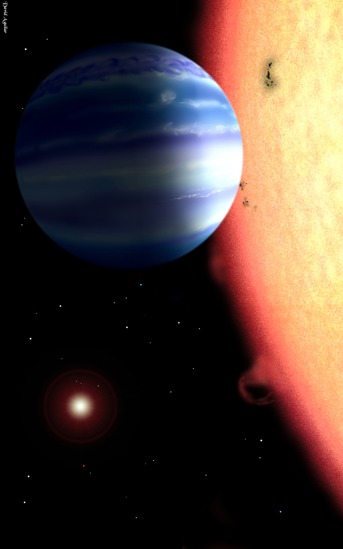 An artist's conception of a hot-Jupiter extrasolar planet orbiting a star similar to tau Boötes. (Image used with permission of David Aguilar, Harvard-Smithsonian Center for Astrophysics)