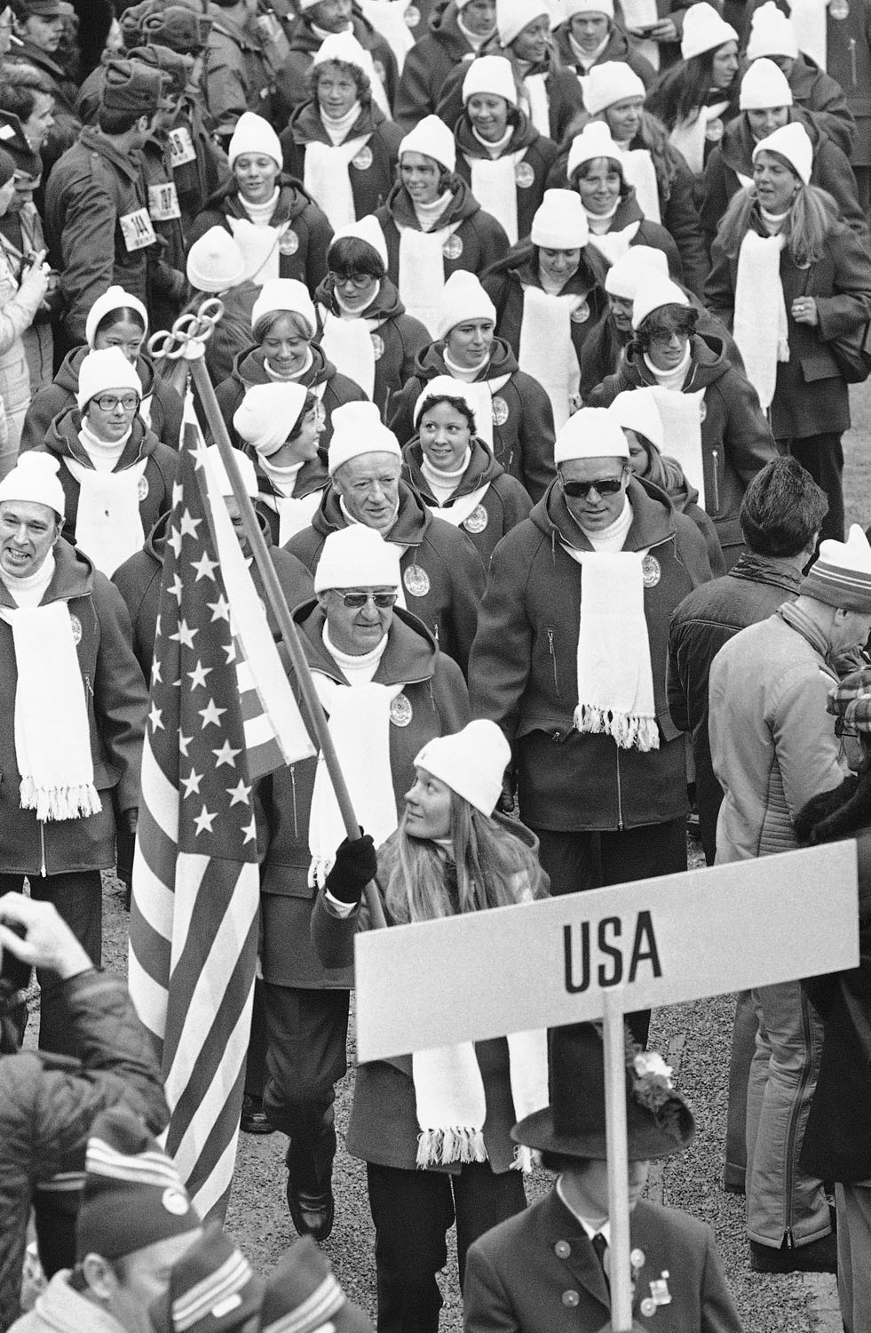 Alpine skier Cindy Nelson bears the flag for the United States team during the opening ceremony of the 12th Winter Olympic Games on Feb. 4, 1976 in Innsbruck, Austria.