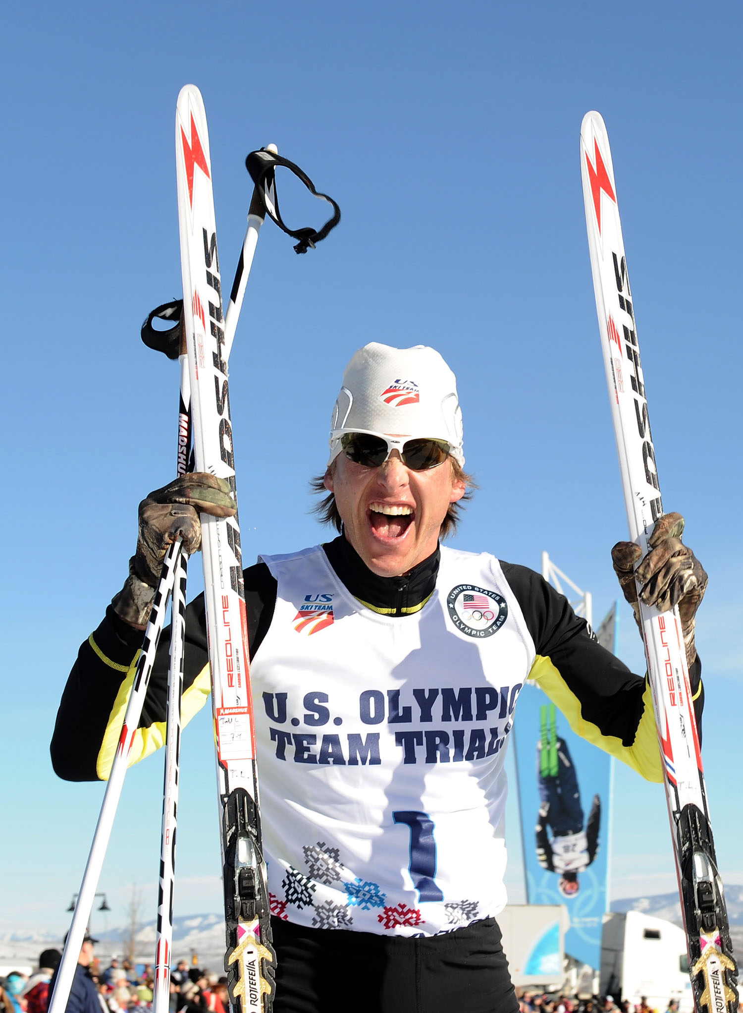 Todd Lodwick celebrates his first place finish in the 10K to secure a place on the United States Olympic team for Sochi 2014 during the Nordic Combined Olympic Trial Dec. 28, 2013 in Park City, Utah. Lodwick was chosen to carry the American flag during the opening ceremony of the 2014 Olympics in Sochi, Russia.