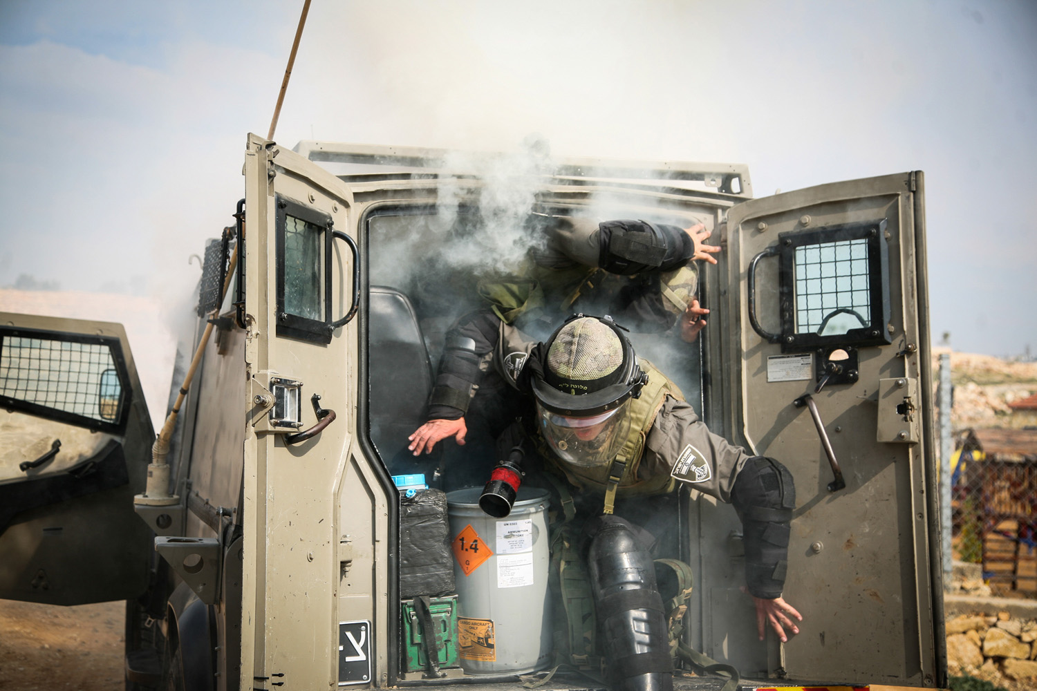 Feb. 7, 2014. Four Israeli soldiers suffered from excessive tear gas inhalation after an accident in which tear gas canisters exploded inside a military vehicle near the central West Bank village of Bilin.