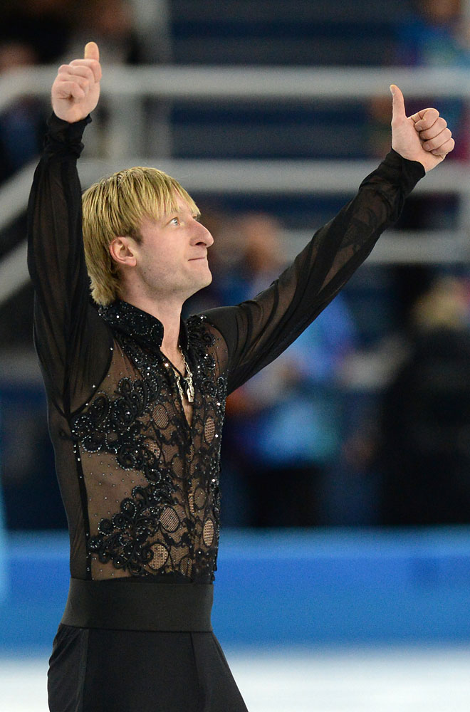 Russia's Yevgeni Plushenko reacts after performing the Men's Figure Skating Team Free Program at the Iceberg Skating Palace during the Sochi Winter Olympics on February 9, 2014. (Yuri Kadobnov / AFP / Getty Images)