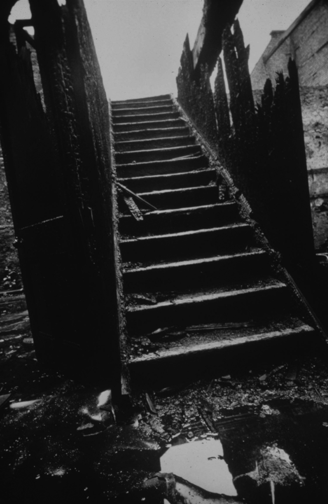 Stairway to nowhere once led from dressing rooms to stage at the Abbey Theatre, now burned out. Actors Barry Fitzgerald and Sara Allgood descended them to play O'Casey's roles.