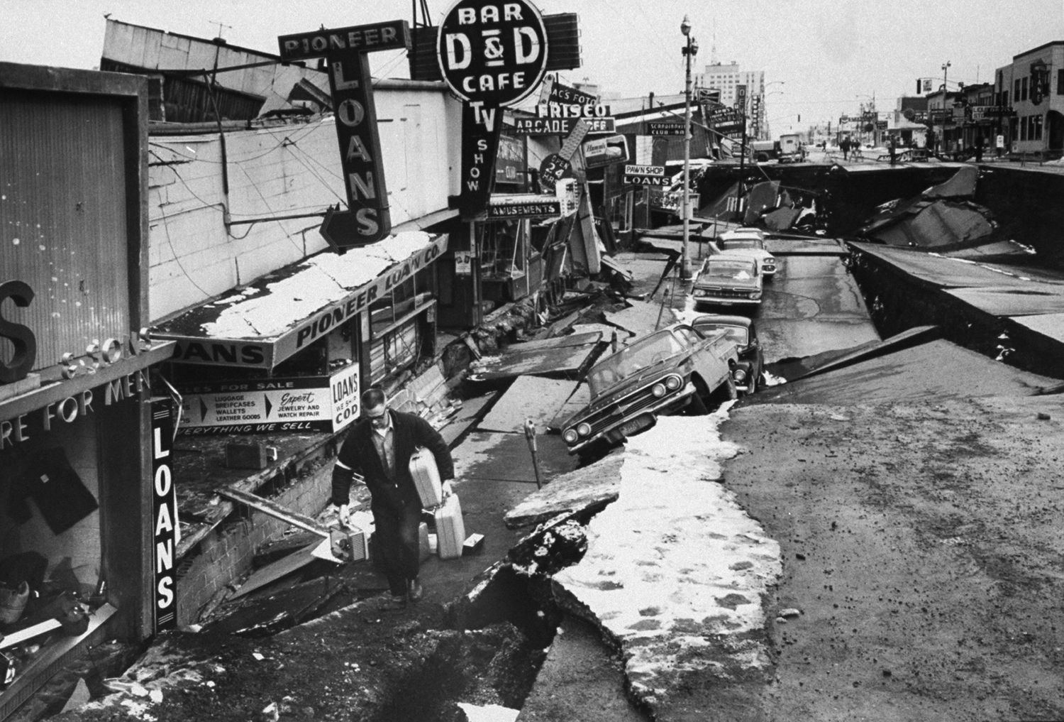 Anchorage, Alaska, in the aftermath of the 1964 Good Friday Earthquake.