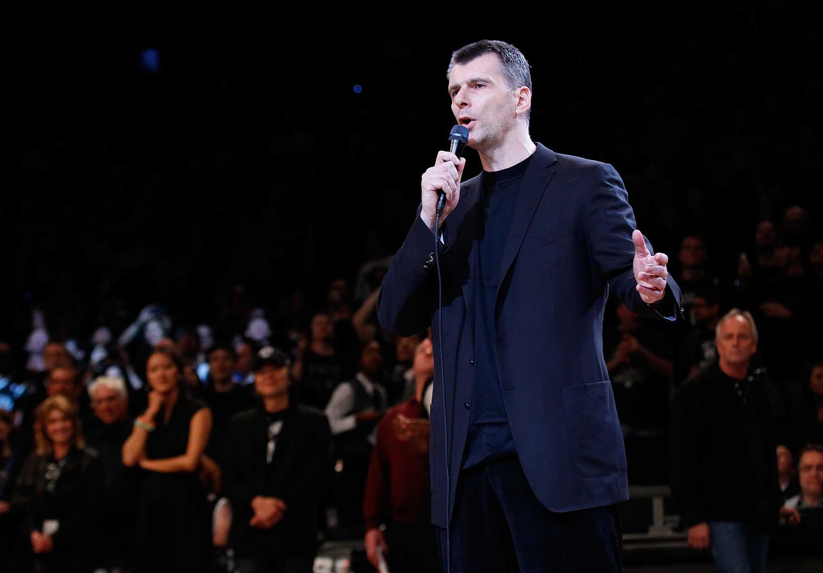 Brooklyn Nets Owner Mikhail Prokhorov speaks to the crowd prior to the game between the Brooklyn Nets and the Chicago Bulls during Game One of the Eastern Conference Quarterfinals of the 2013 NBA Playoffs at Barclays Center on April 20, 2013 in New York City. (Mike Stobe—Getty Images)