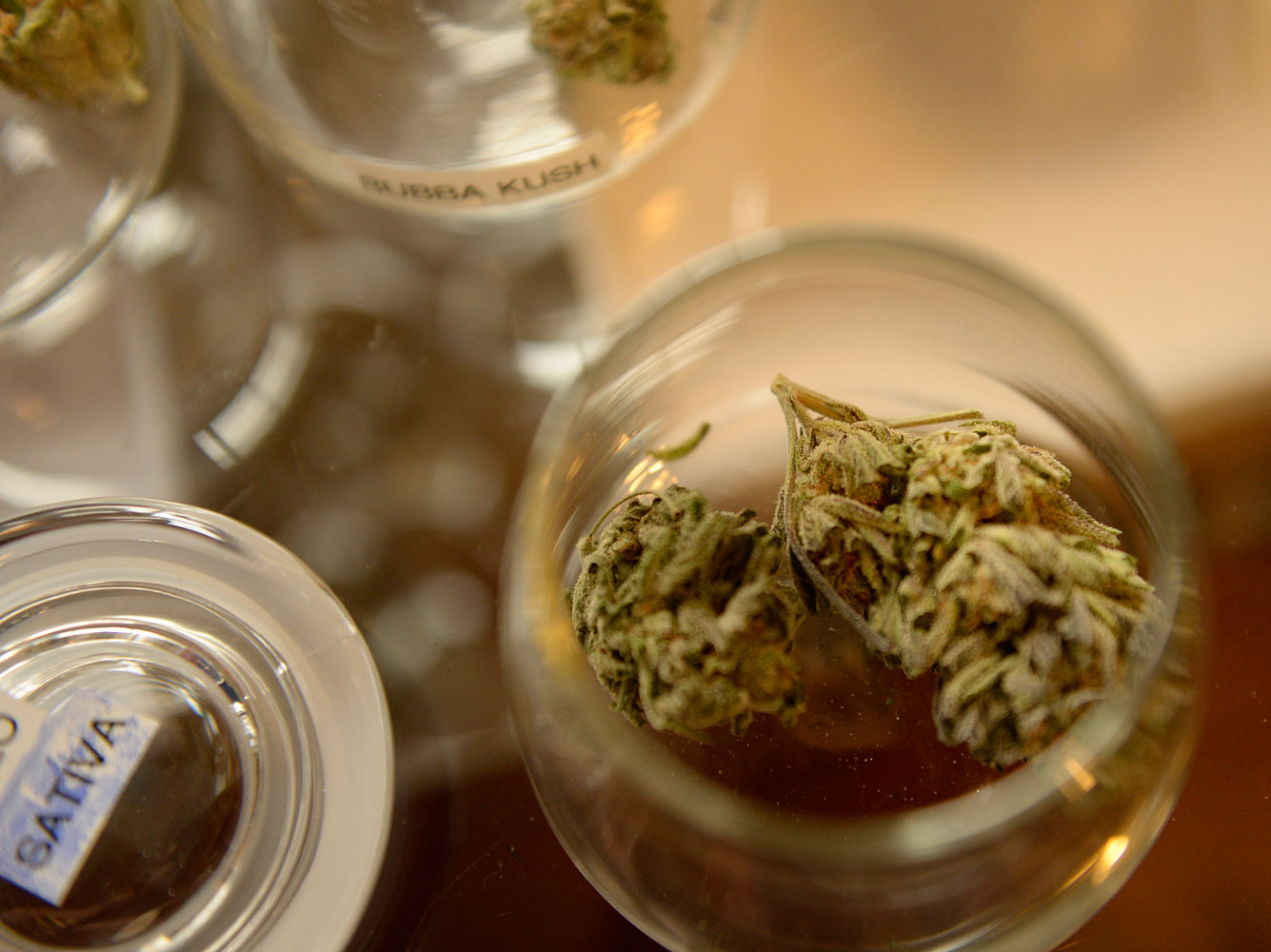 Marijuana in jars for customers to view at 3D Cannabis Center in Denver, Jan. 01 2014. (RJ Sangosti&amp;mdash;Denver Post/Getty Images)