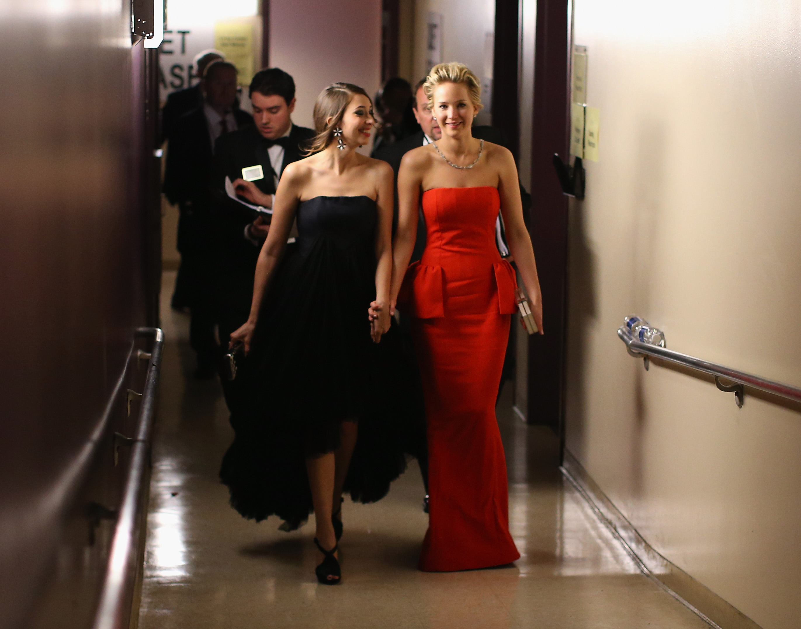 Actress Jennifer Lawrence and friend Laura Simpson backstage during the Oscars held at Dolby Theatre on March 2, 2014 in Hollywood, California. (Christopher Polk—Getty Images)